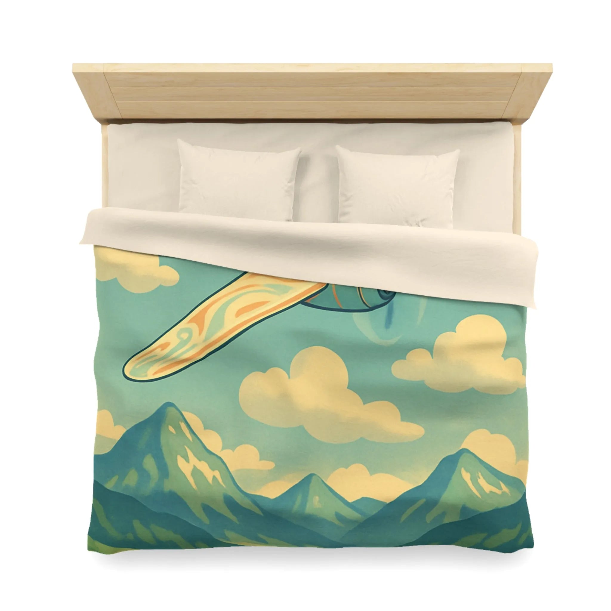 Housse de couette illustrée avion vintage survolant vallée montagneuse ensoleillée et paisible