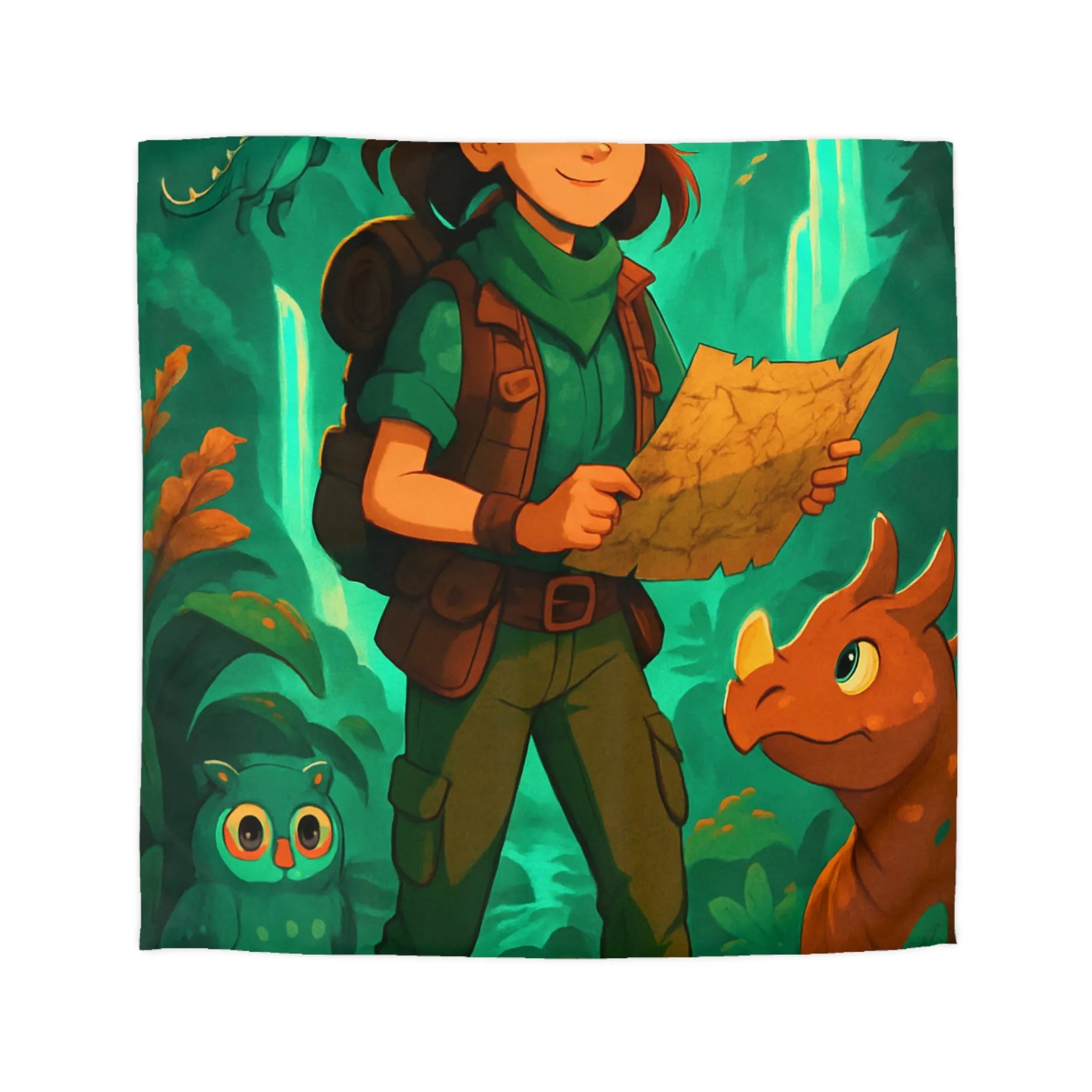 Aventure Enchantée: Enfant Voyageur, Animaux Magiques, Carte Mystérieuse, Forêt Lumineuse, Cascade Sereine