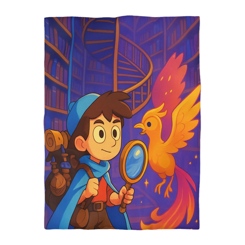 Housse de couette magique avec détective et phénix dans une bibliothèque enchanteresse