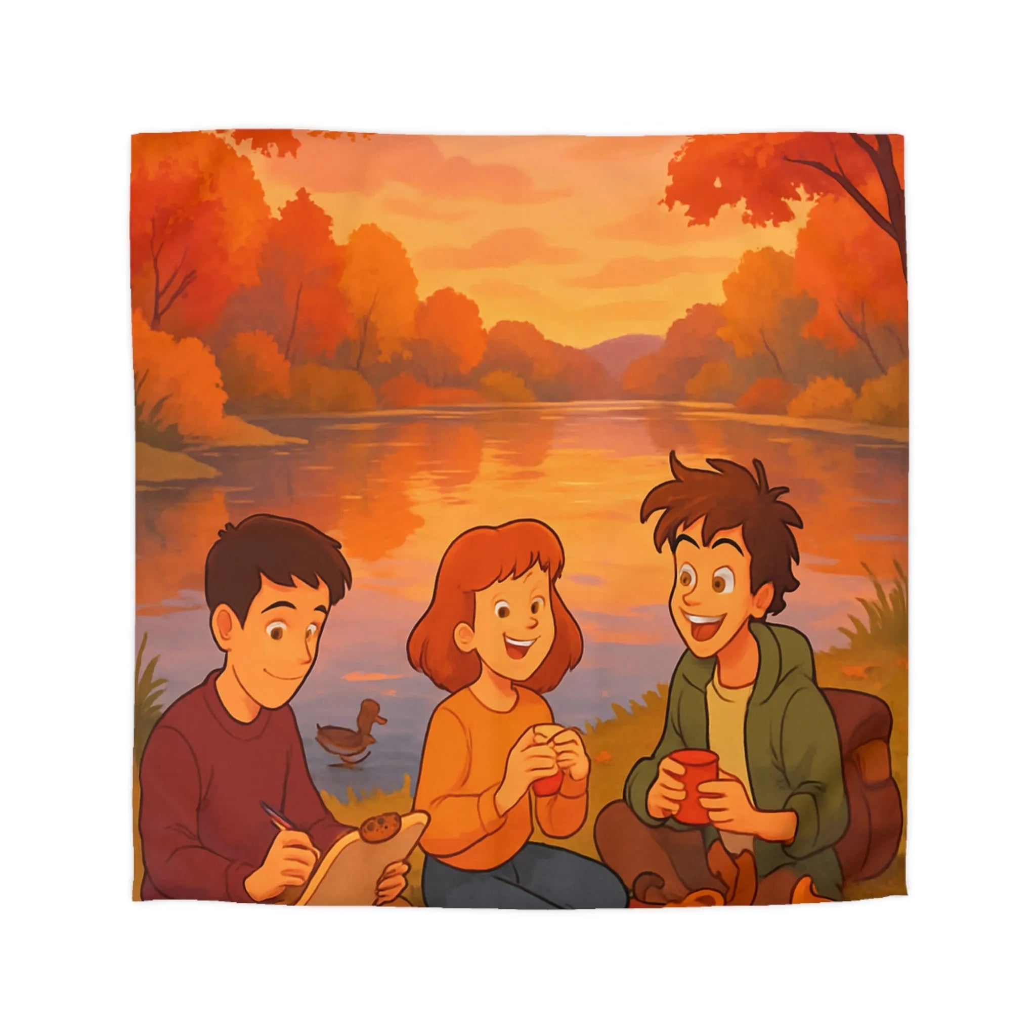 Housse de couette illustrée avec scène automnale de pique-nique au bord d'un lac