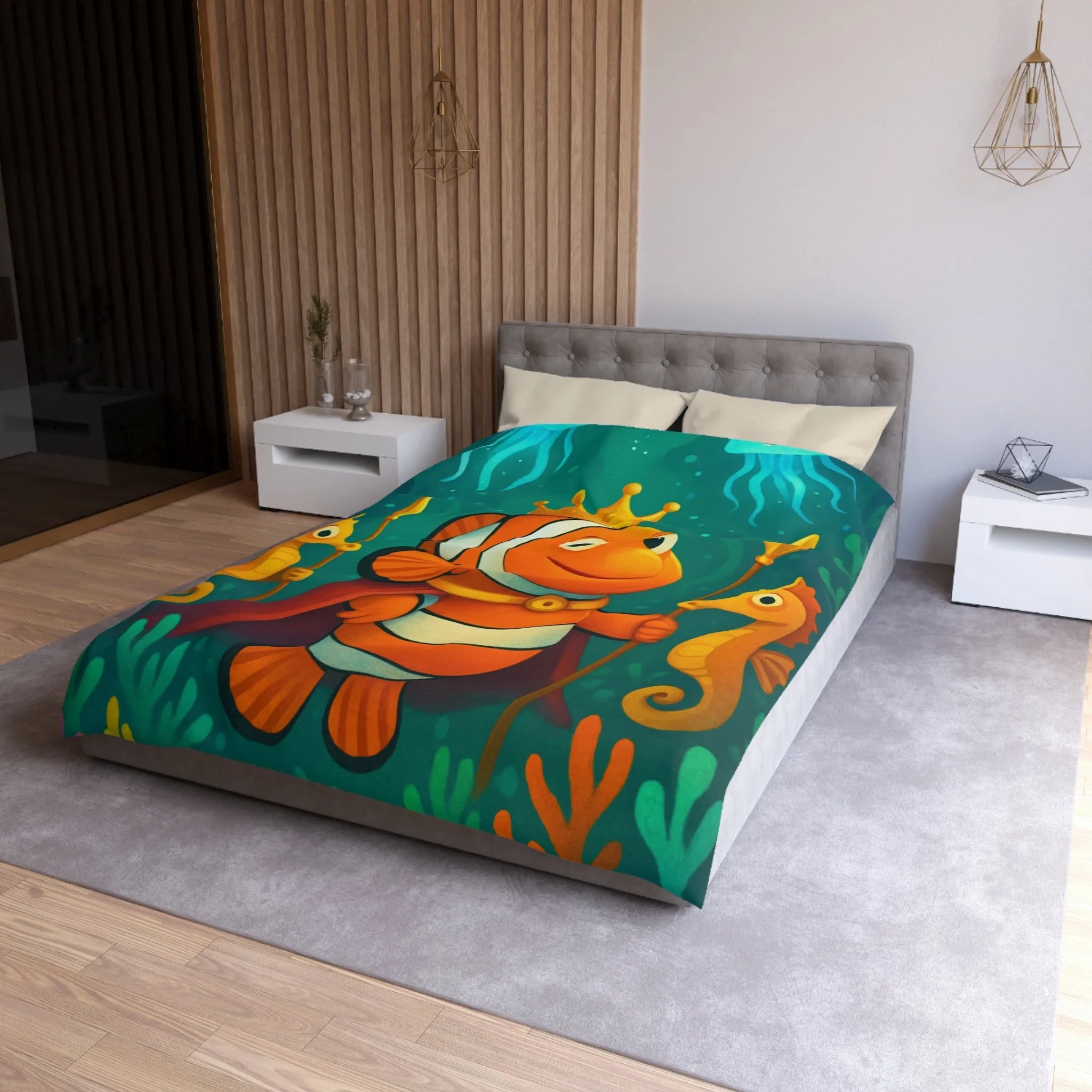Housse de couette enfant joyeuse poisson clown roi et hippocampes joueurs aquatiques