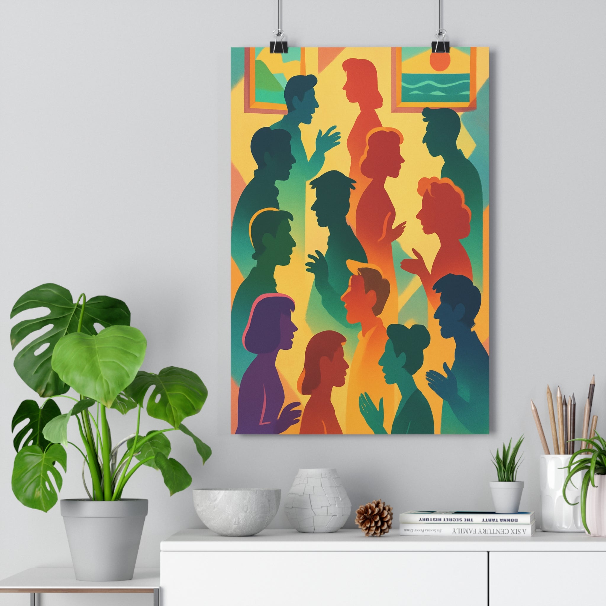 Poster décoratif moderne silhouettes colorées bleu orange vert cartoon surréaliste salon bureau dynamique intrigant