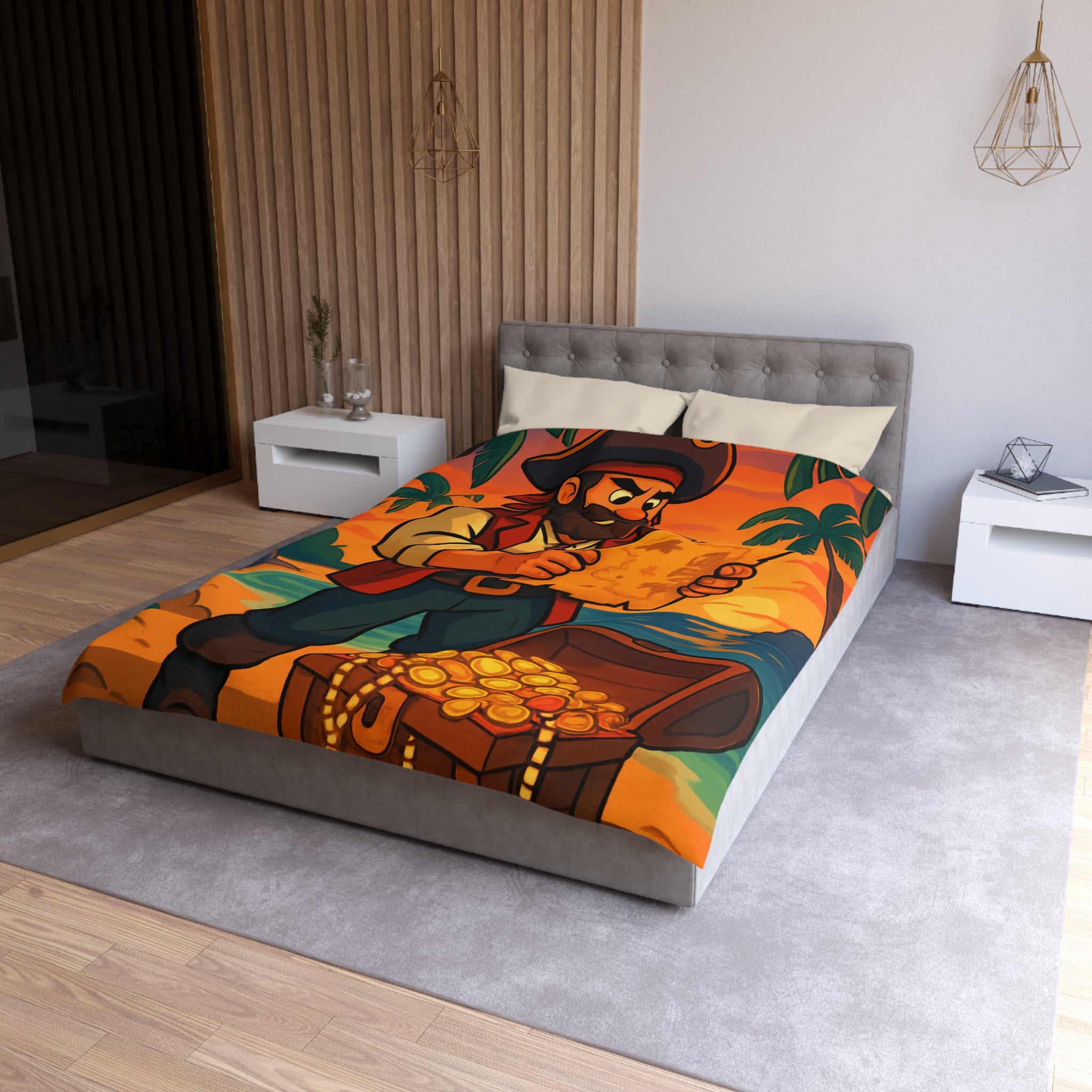 Housse de couette pirate avec coffre au trésor, carte ancienne et palmiers tropicaux