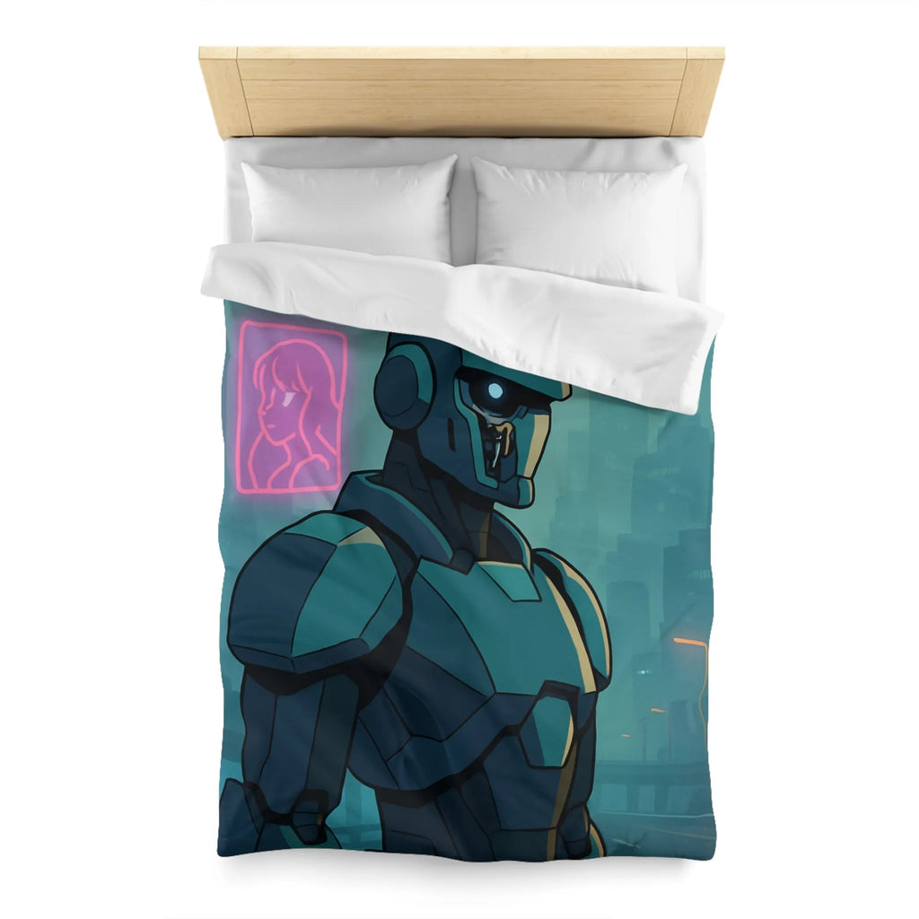 Futuristic Dystopian Cityscape with Neon Lights and Robotic Figure for Bedding Decor