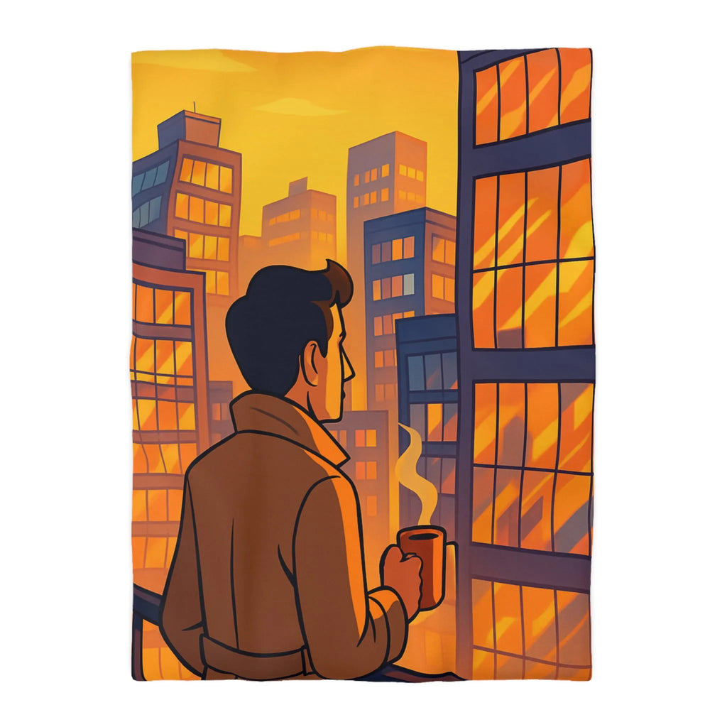 Housse de couette avec illustration urbaine au coucher de soleil et silhouette masculine