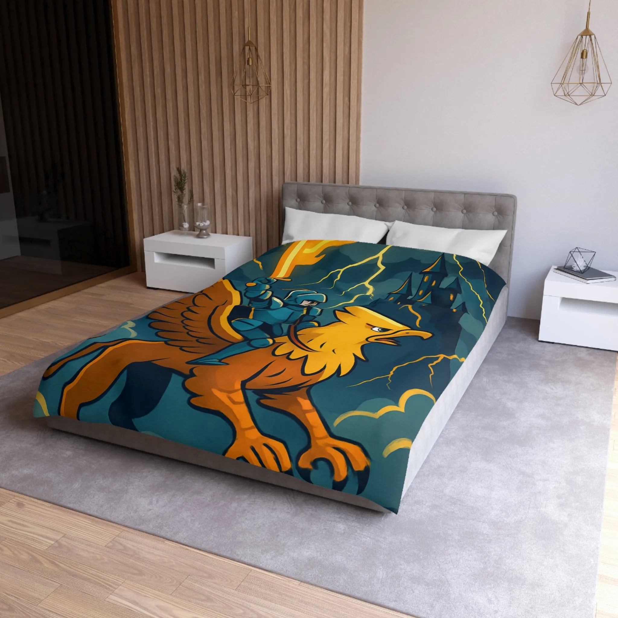 Housse de Couette Fantaisie avec Chevalier et Griffon Volant Devant Château Mystérieux