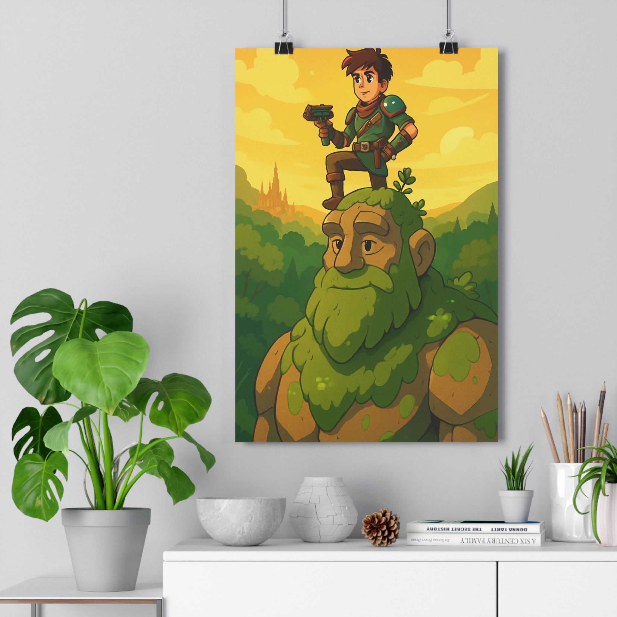 Poster décoratif aventure anime fantasy épique nature mousse vert jaune château chambre salon qualité