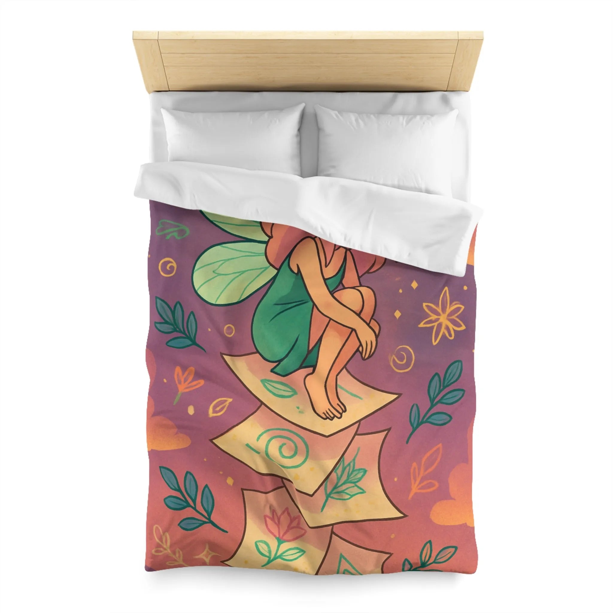 Housse de couette féerique avec fée aux ailes vertes et motifs floraux enchanteurs
