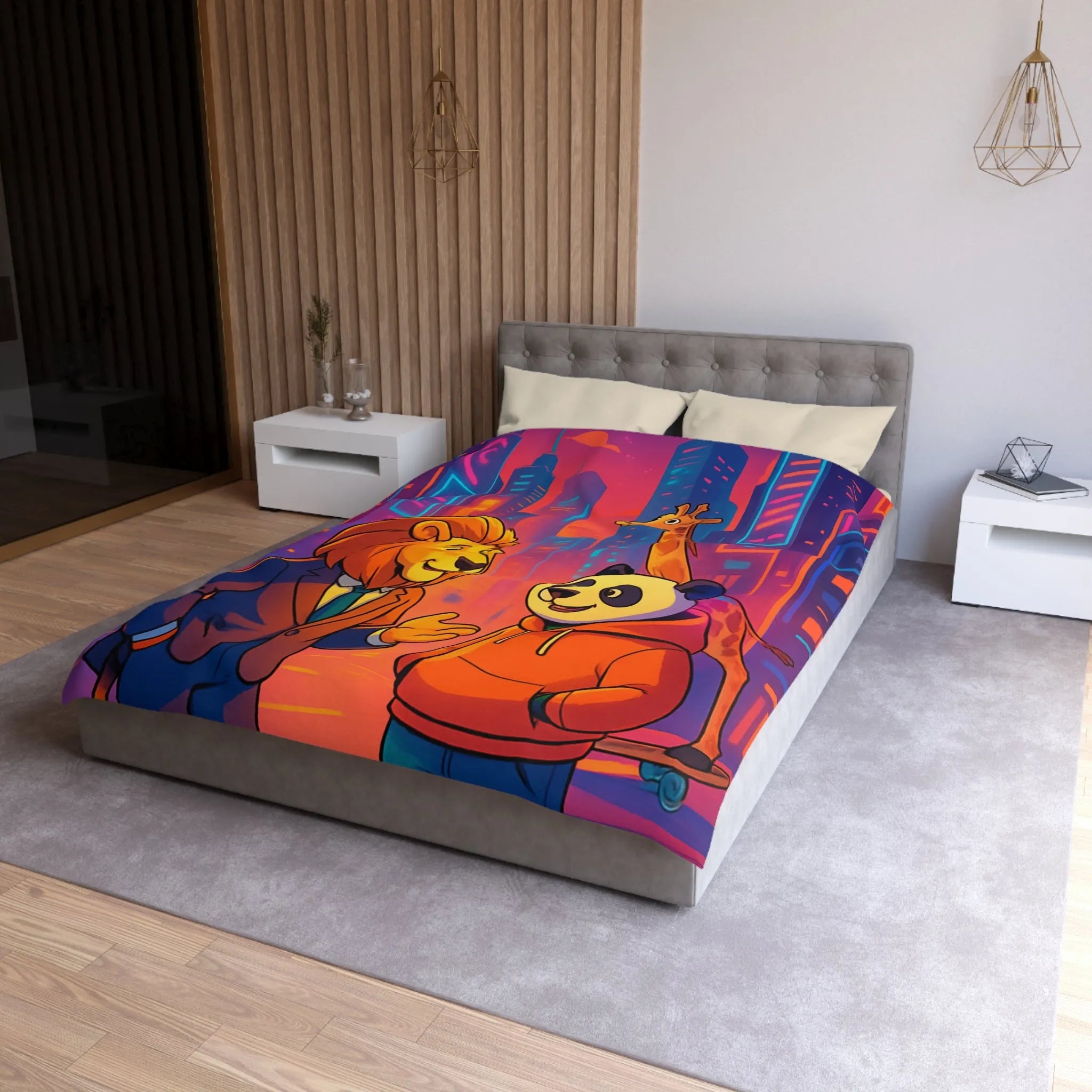 Housse de couette colorée avec lion et panda en costume urbain de ville futuriste