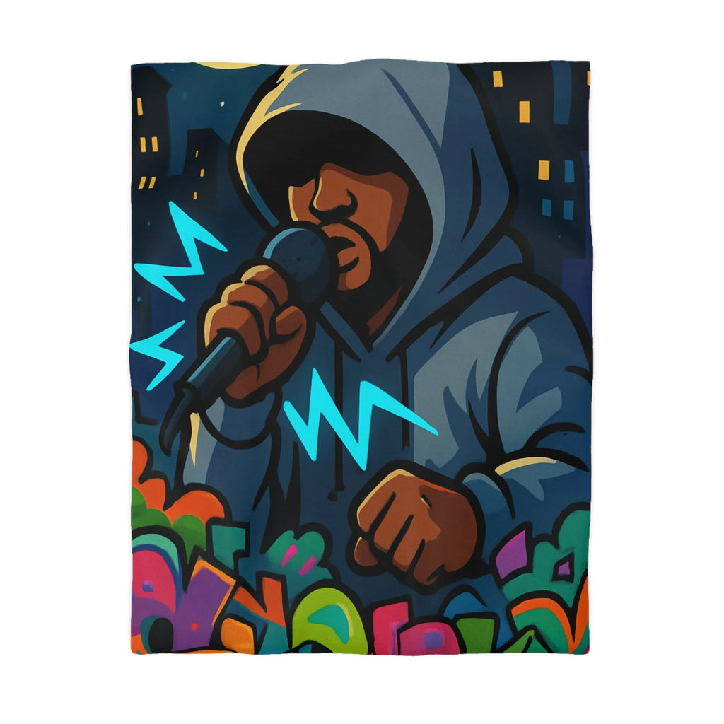 Housse de couette avec artiste hip-hop en hoodie et graffitis colorés de rue