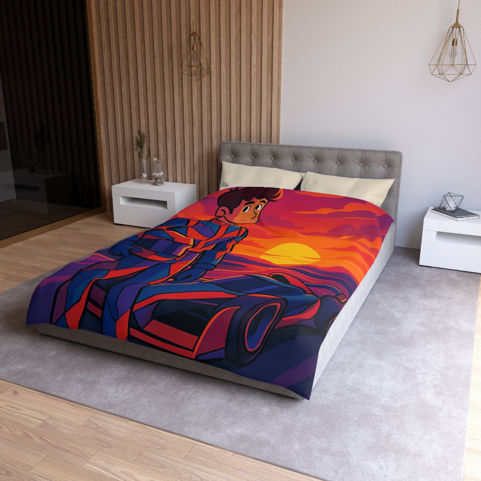 Housse de couette motif pilote de course et voiture au coucher du soleil vibrant