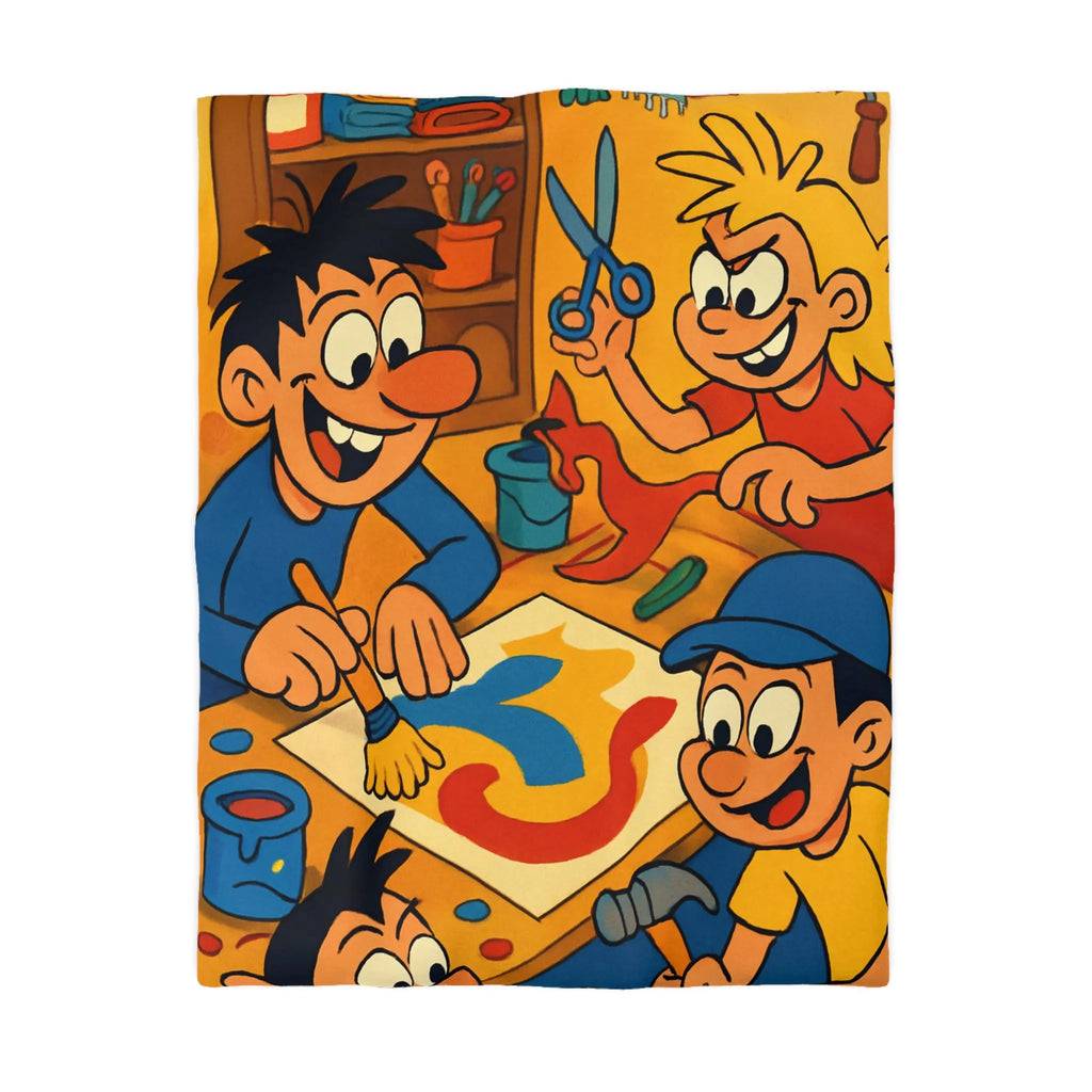 Housse de couette coloriée ludique avec enfants joyeux peignant et créant ensemble dans atelier