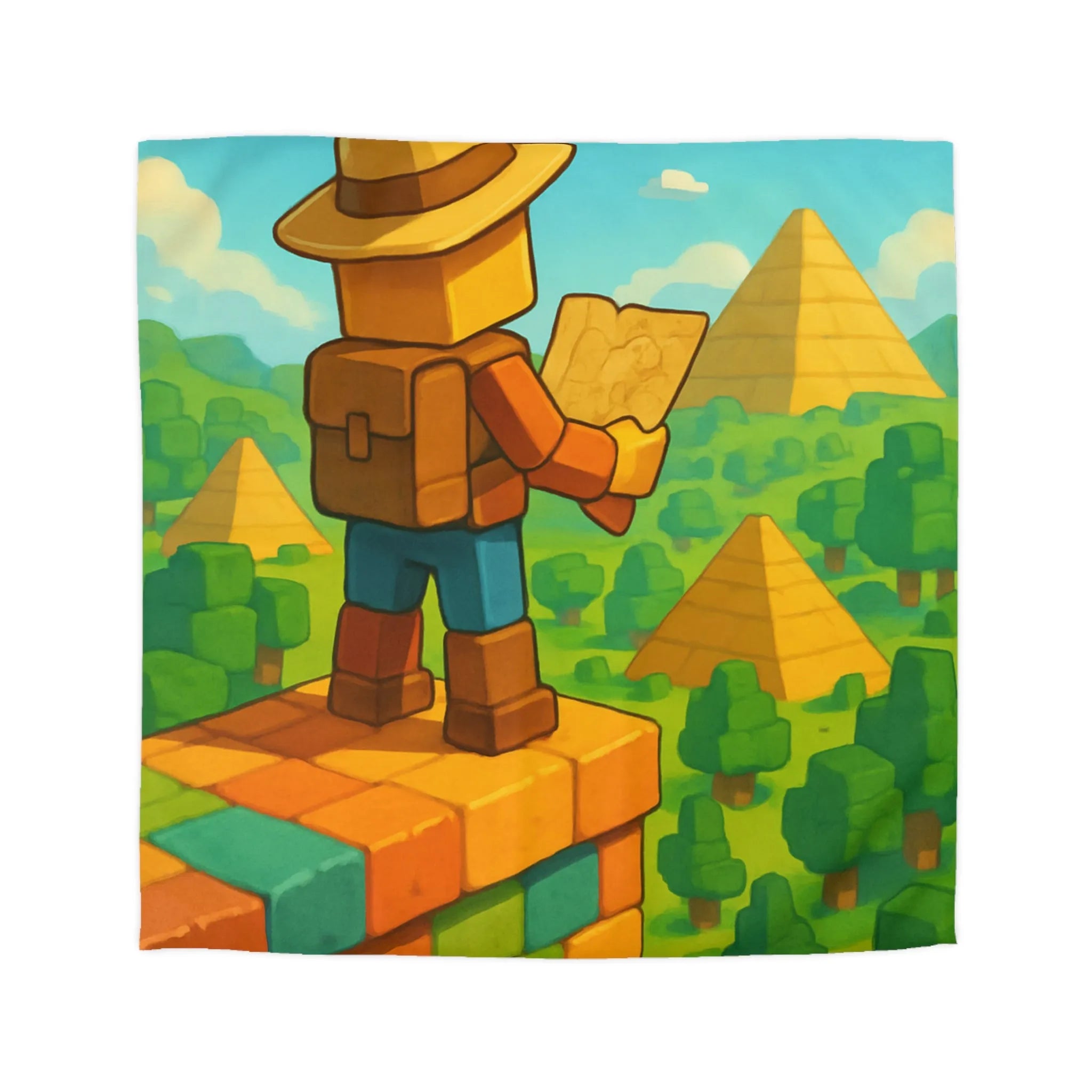 Housse de Couette Ludique Aventure Pixelisée Explorateur Carte Forêt Pyramide Enfant