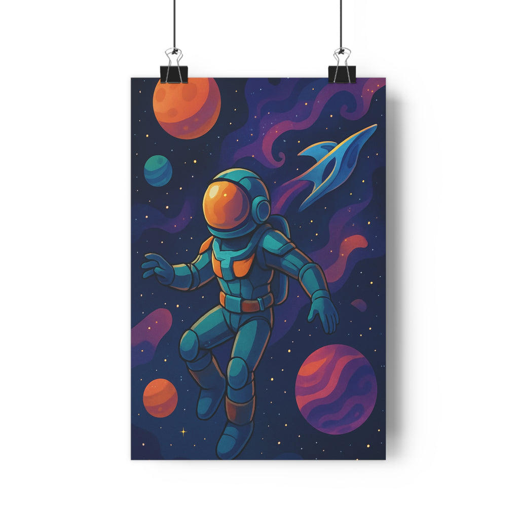 Poster décoratif astronaute espace planètes coloré cartoon futuriste rêveur enfant bureau ambiance étoilée qualité