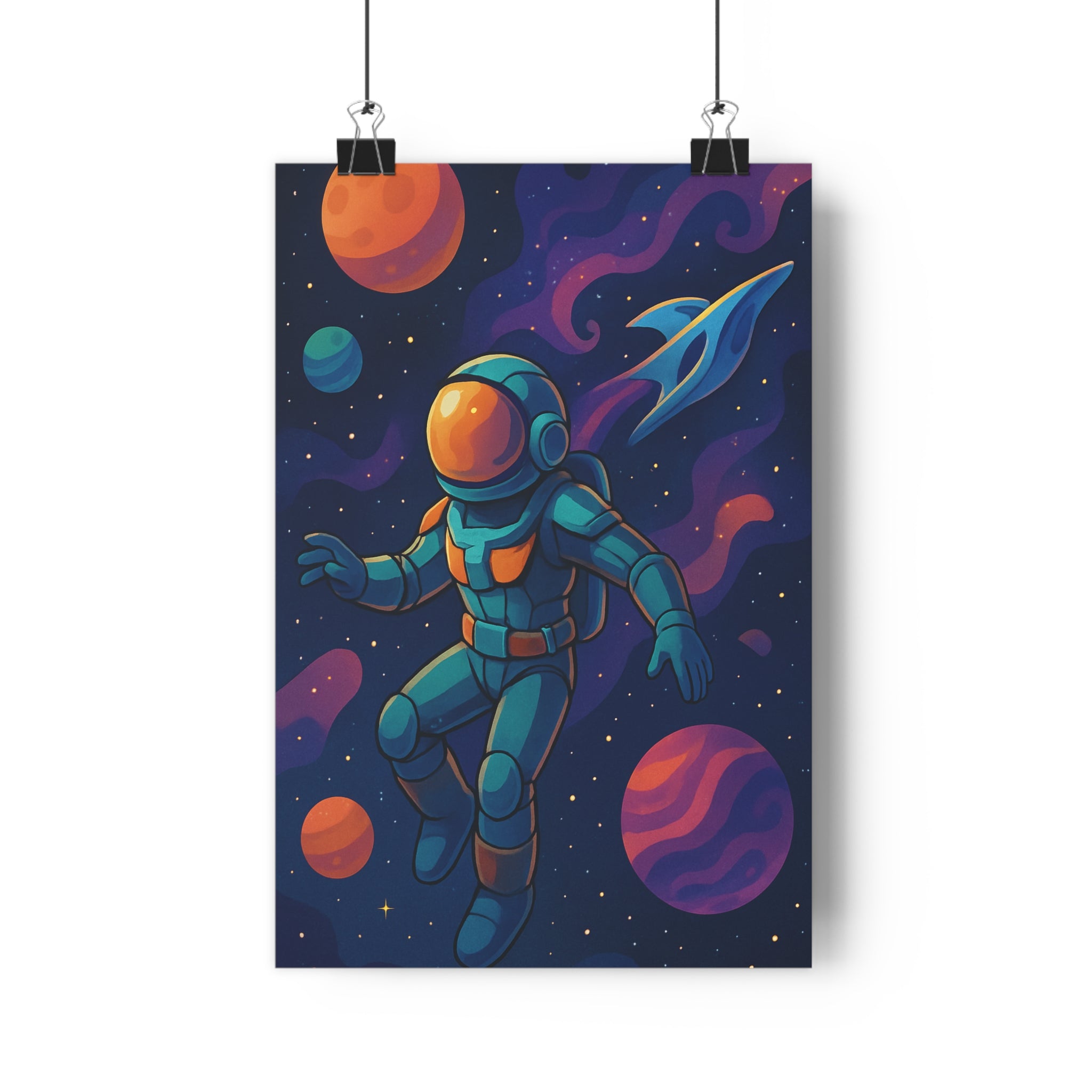 Poster décoratif astronaute espace planètes coloré cartoon futuriste rêveur enfant bureau ambiance étoilée qualité