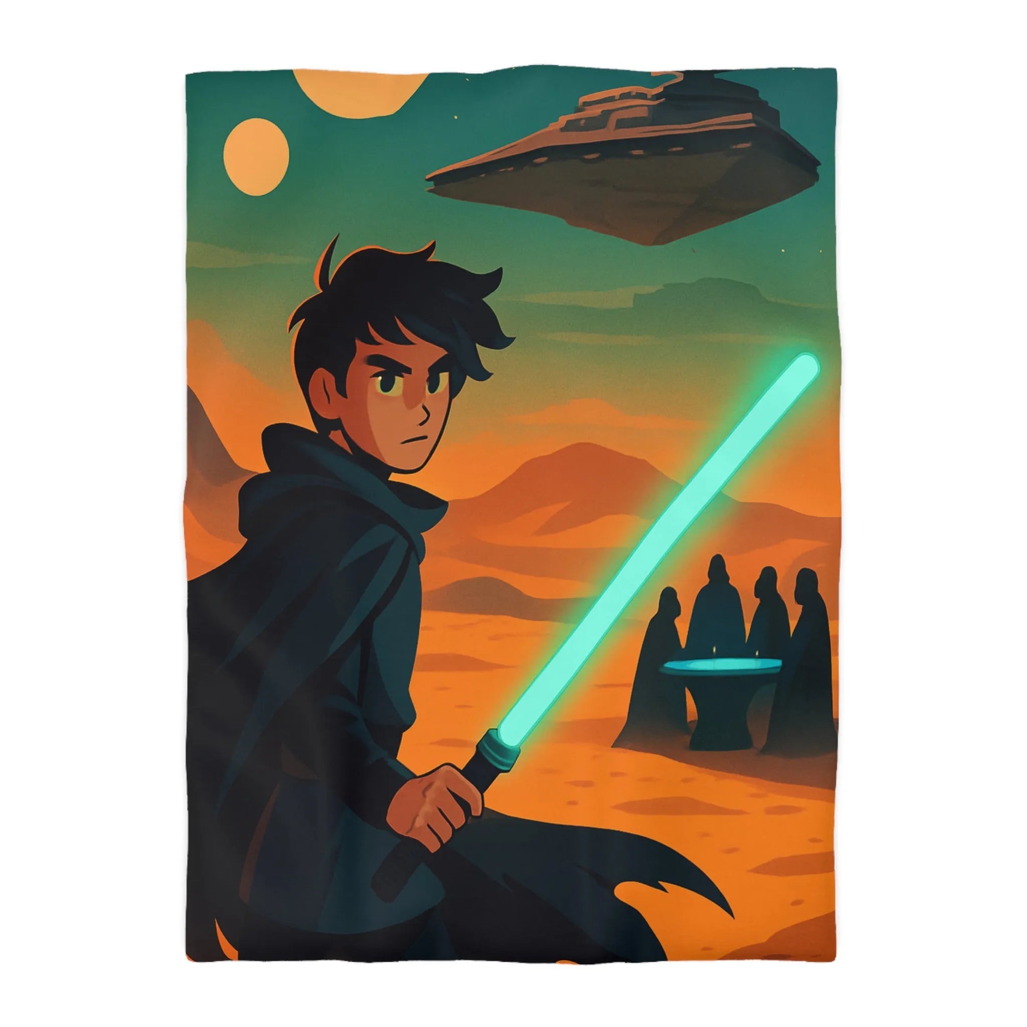 Épique scène de science-fiction avec héros sabre lumineux et vaisseau spatial en arrière-plan