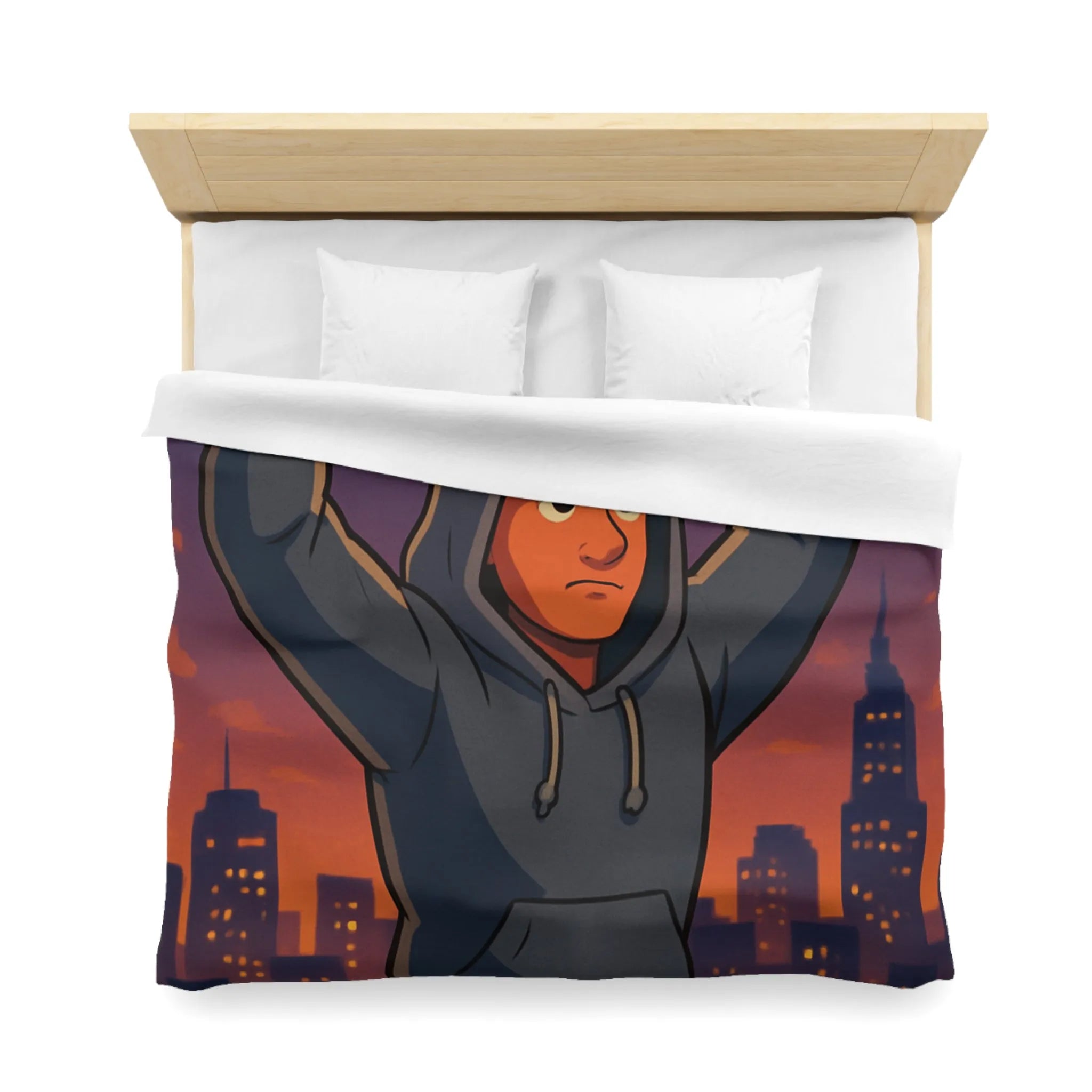 Housse de couette avec boxeur déterminé sous ciel de crépuscule en ville