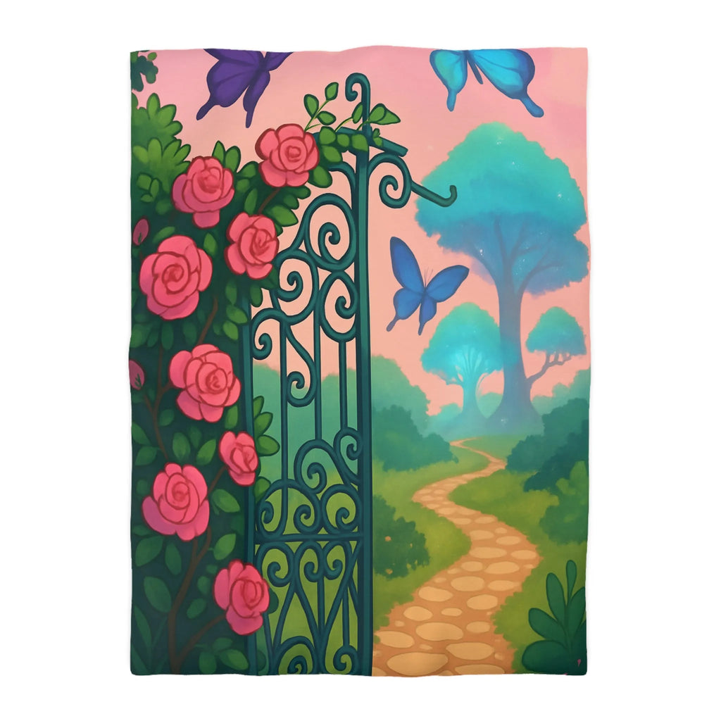 Belle housse de couette féerique avec portail fleuri et papillons colorés, jardins enchanteurs