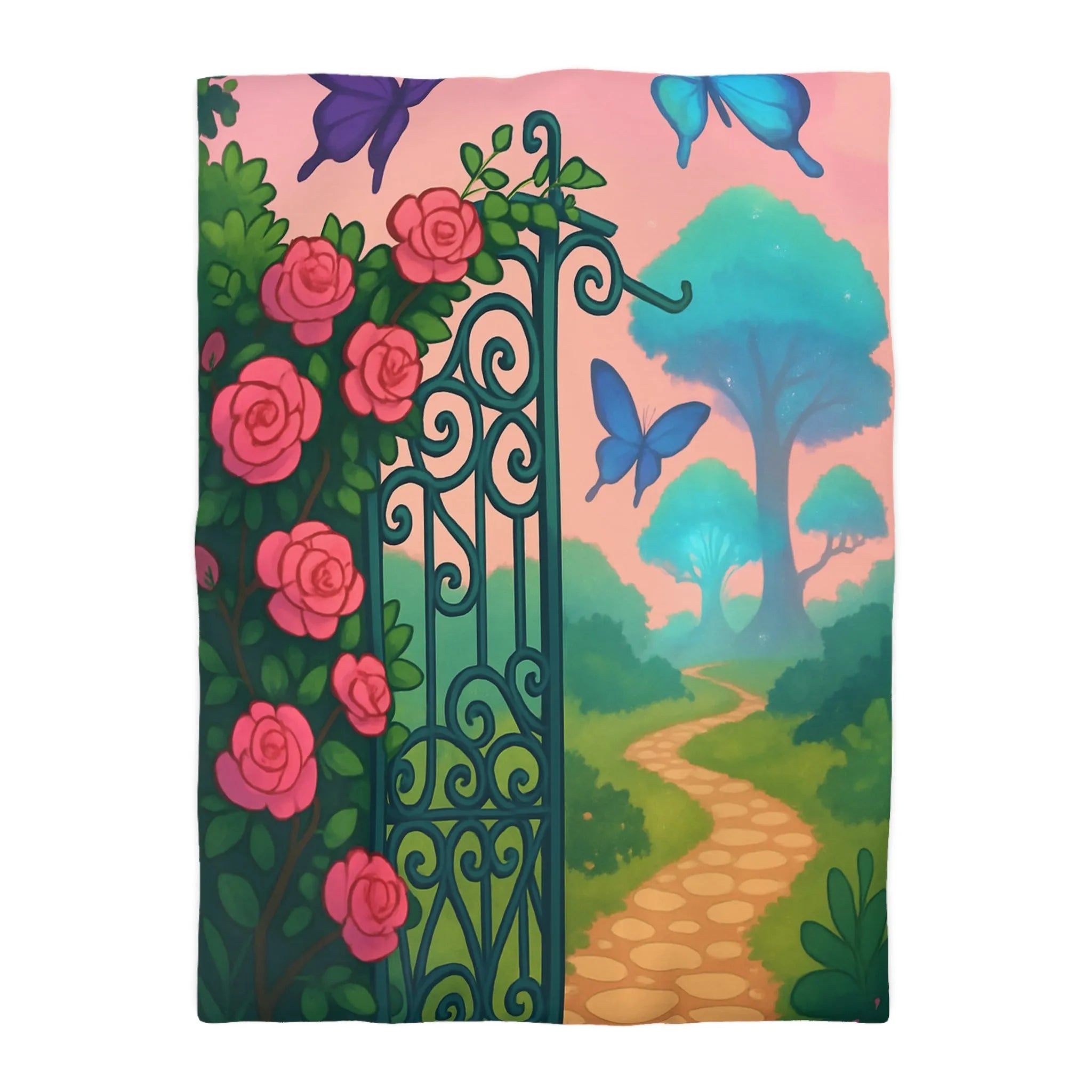 Belle housse de couette féerique avec portail fleuri et papillons colorés, jardins enchanteurs