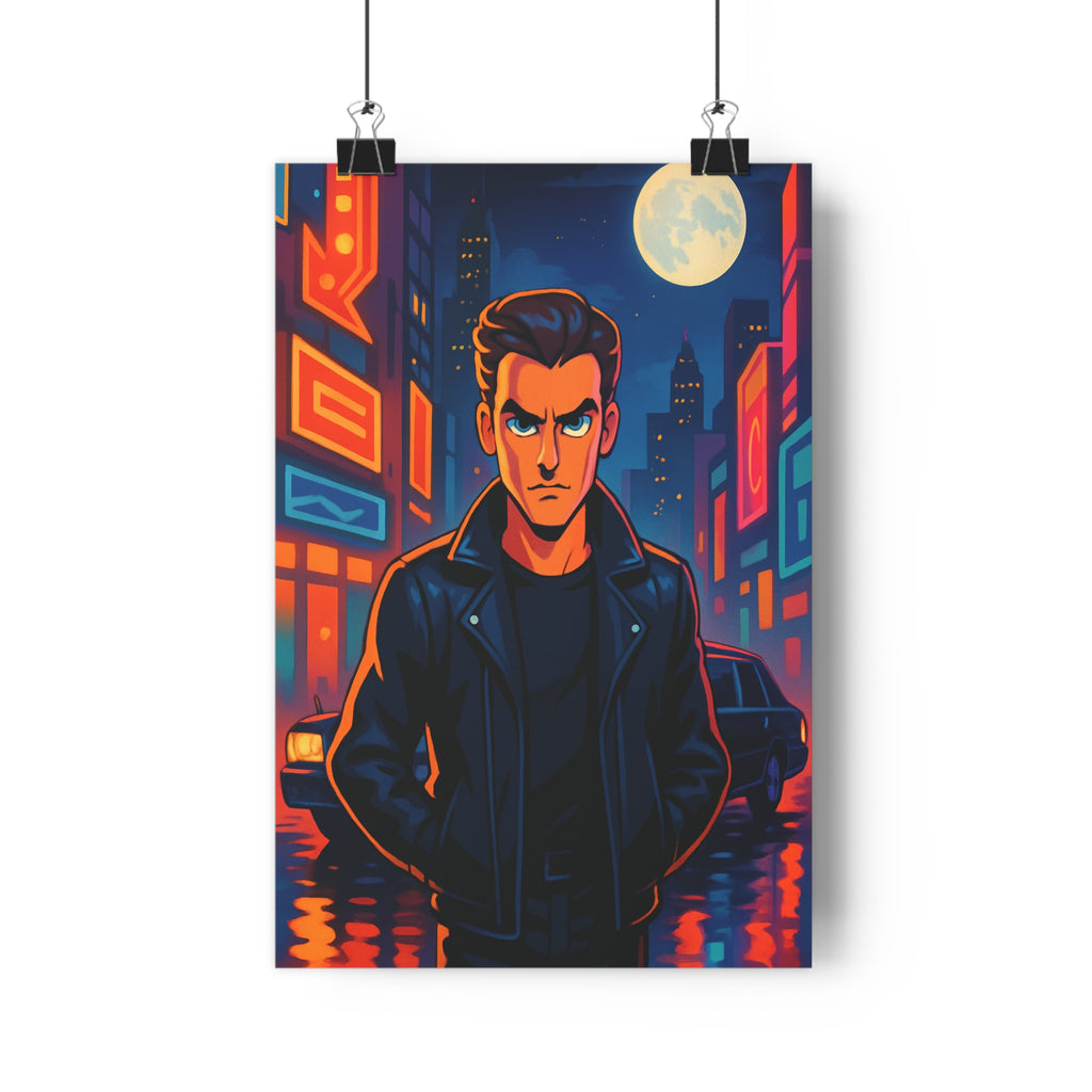 Poster décoratif moderne bleu orange urbain dynamique chambre salon lumière ambiance personnage néons qualité