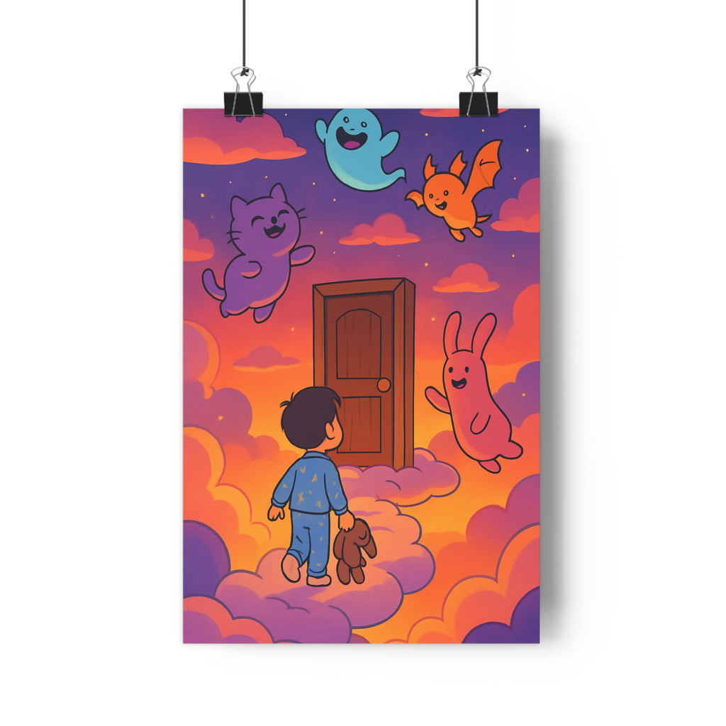 Poster décoratif rêveur pastel enfant chambre fantastique nuages créatures joyeuses cartoon magique pyjama coloré