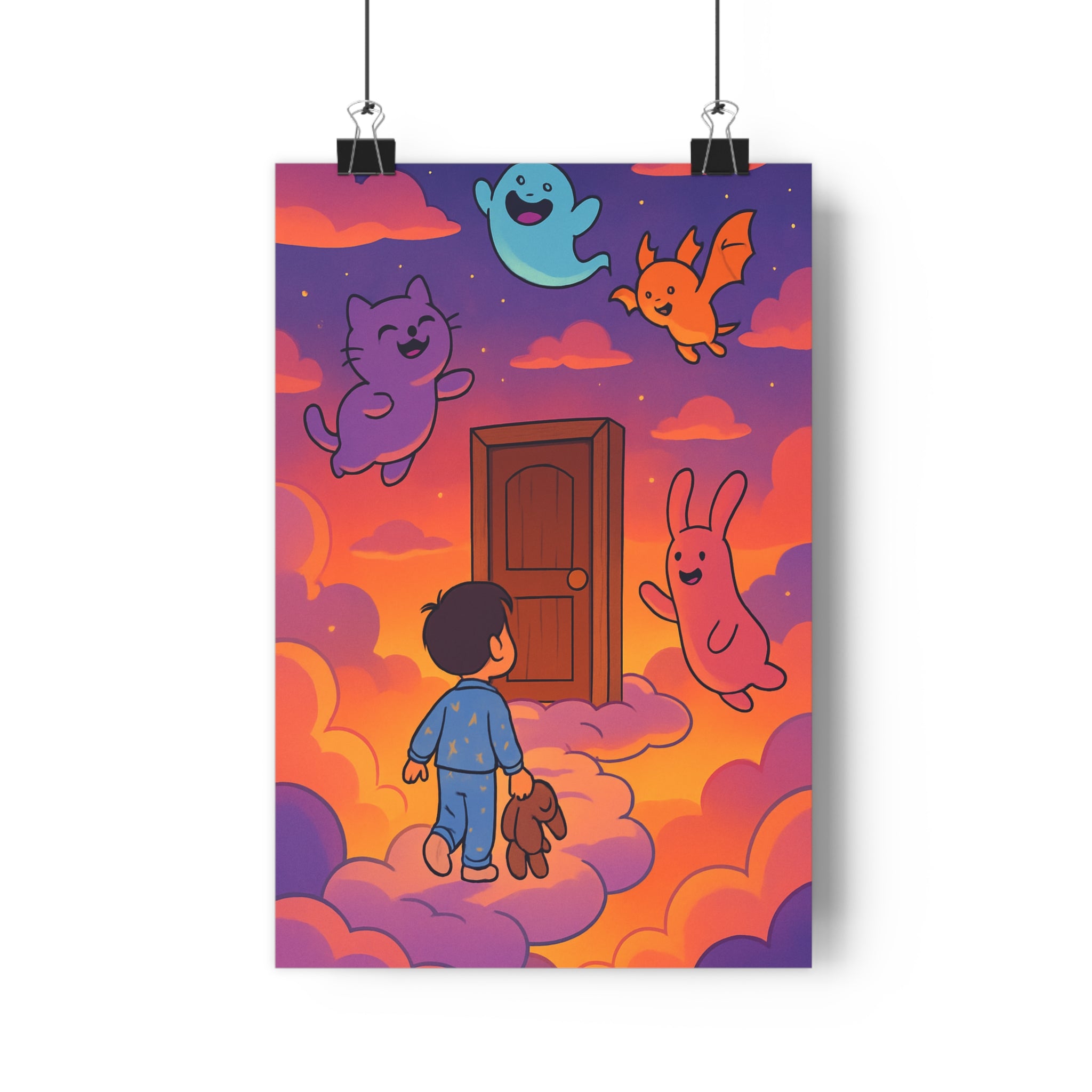 Poster décoratif rêveur pastel enfant chambre fantastique nuages créatures joyeuses cartoon magique pyjama coloré