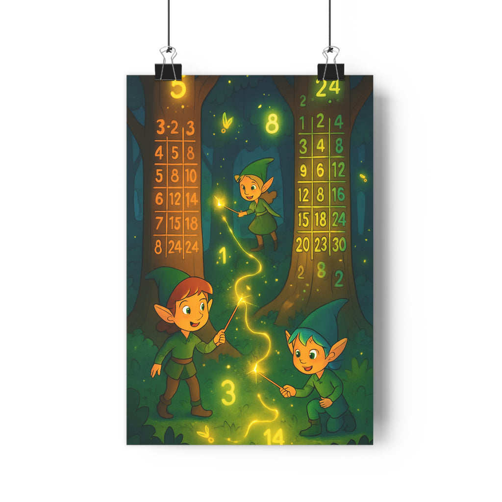 Poster décoratif féerique vert doré chambre enfant magique forêt lutins enchanteur ambiance lumineuse éducatif