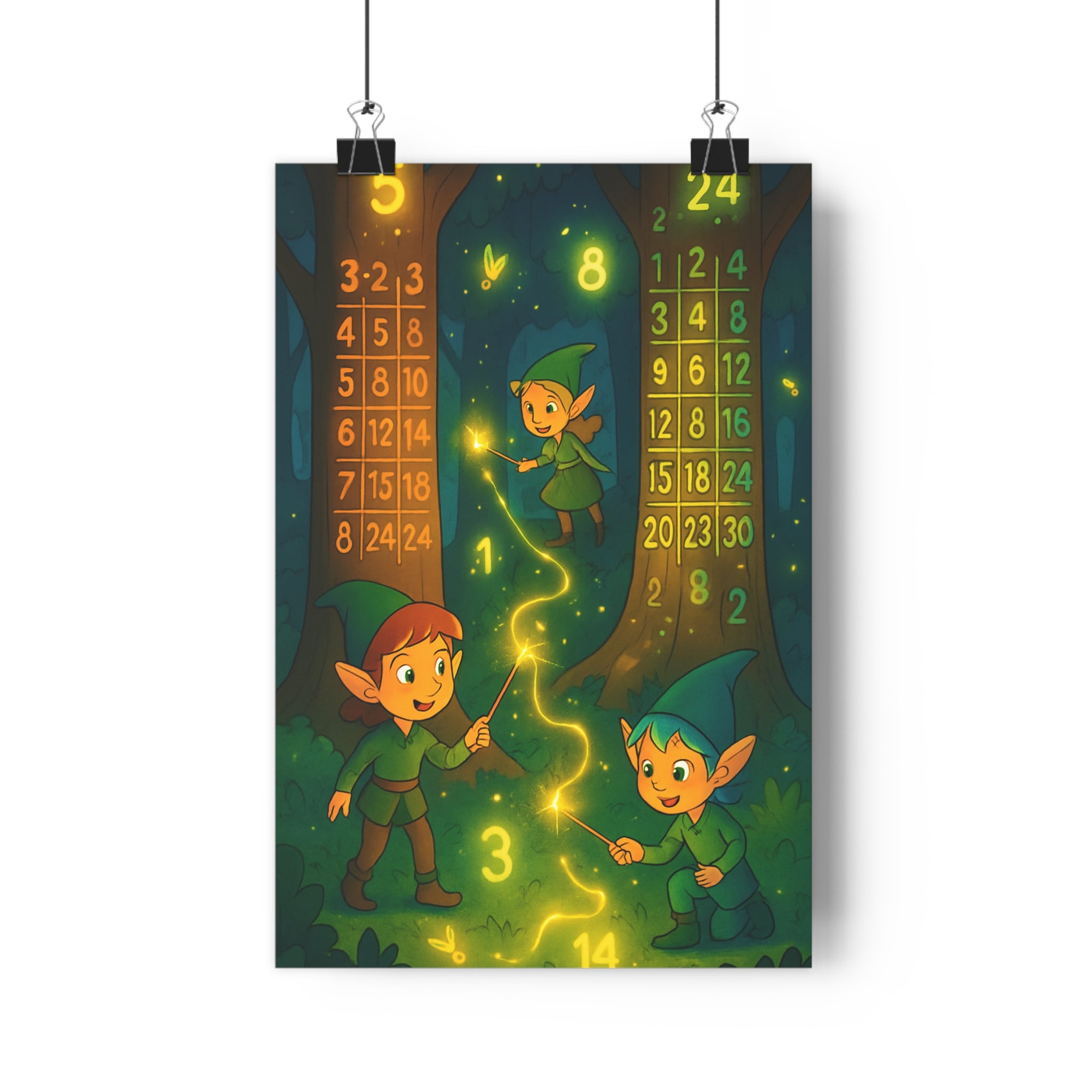 Poster décoratif féerique vert doré chambre enfant magique forêt lutins enchanteur ambiance lumineuse éducatif