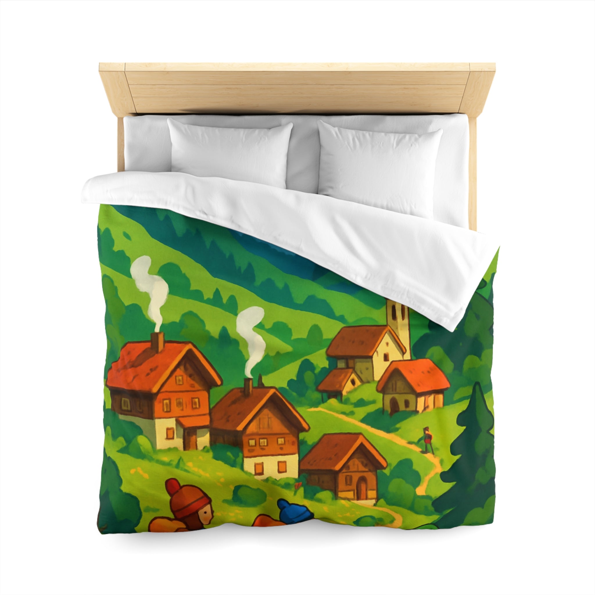 Housse de Couette Montagne avec Aventureurs, Chalets et Paysage Montagnard Enneigé