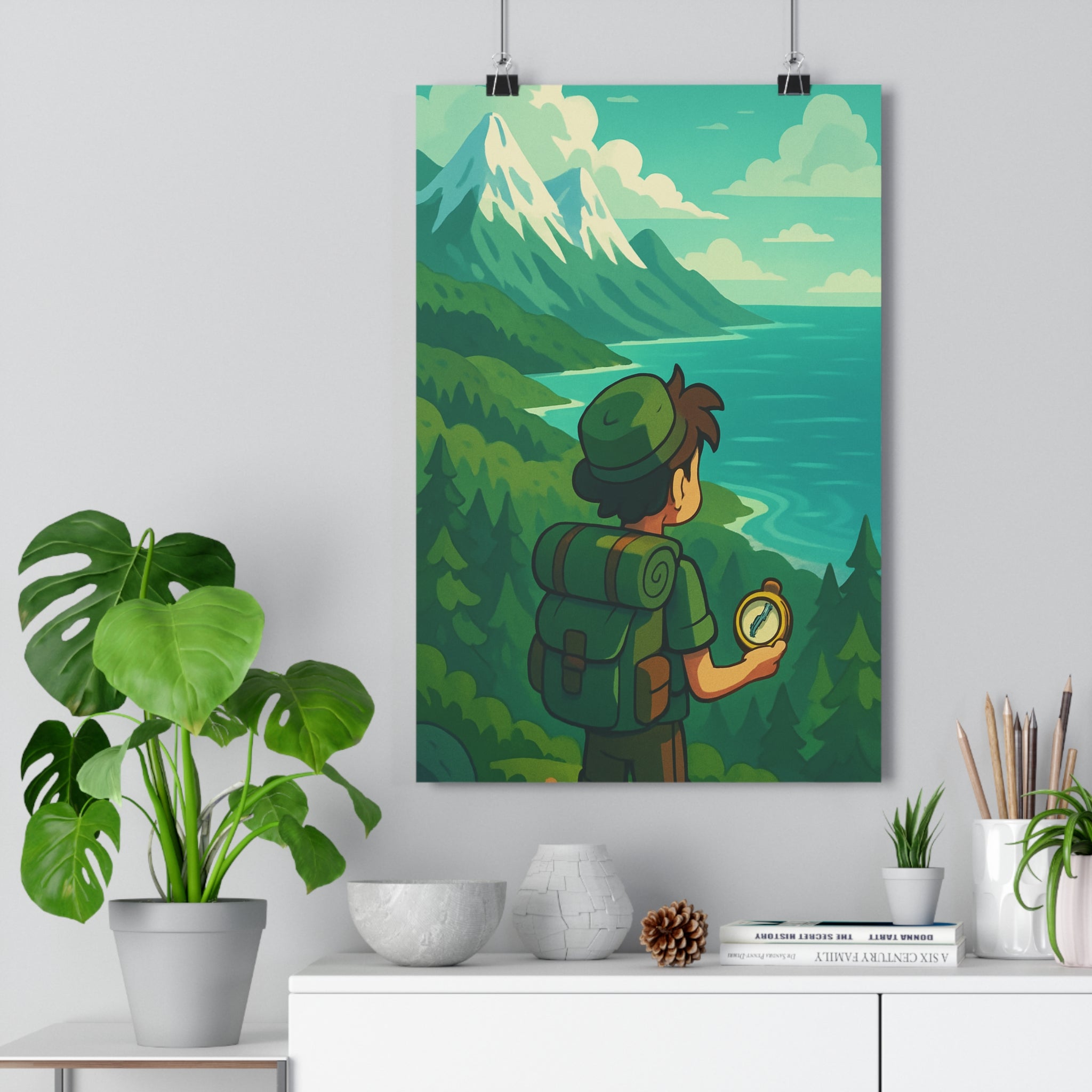 Poster décoratif aventurier dessin animé montagnes mer verte bleue exploration aventure chambre bureau inspirant