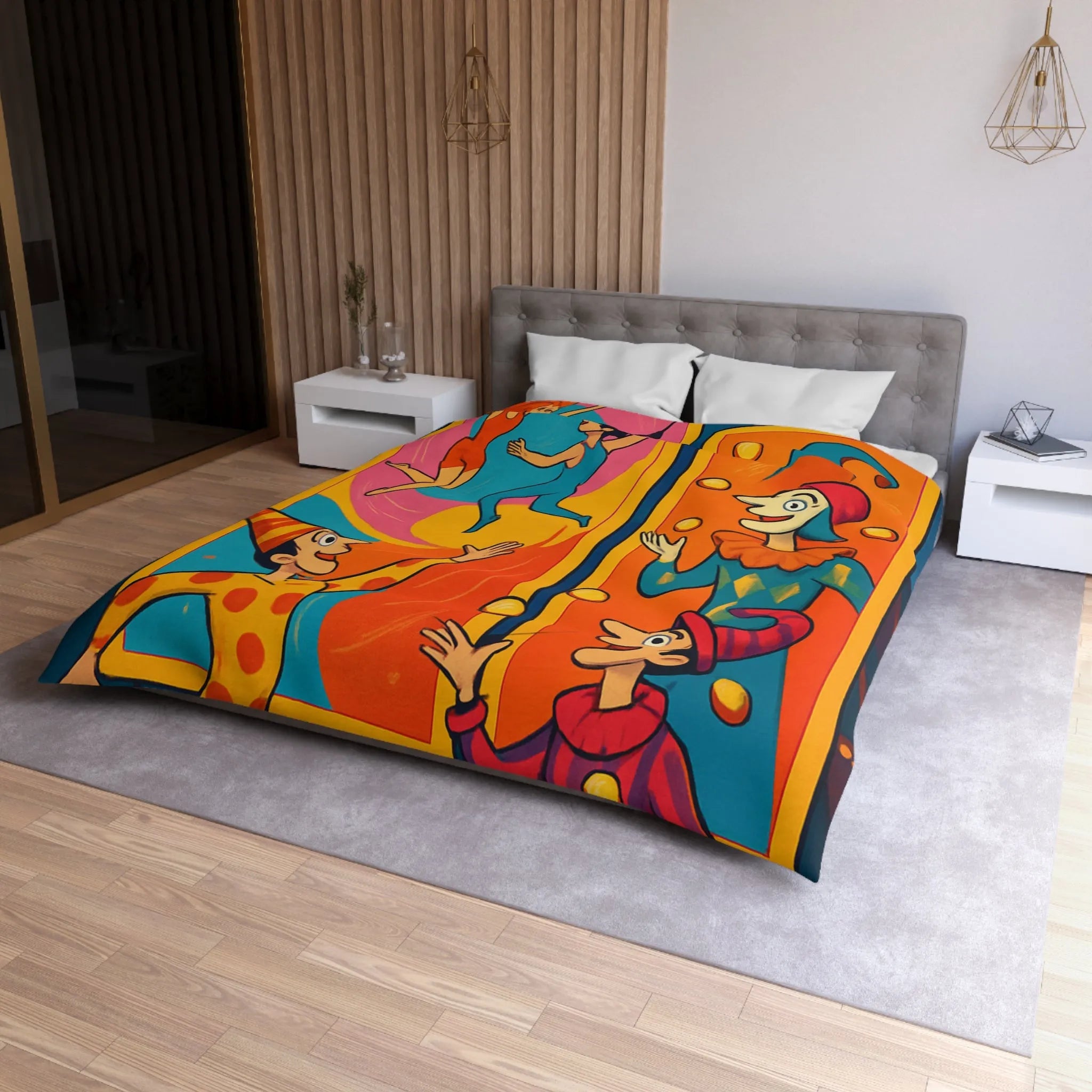 Housse de couette colorée avec jongleurs et acrobates, ambiance festive et joyeuse