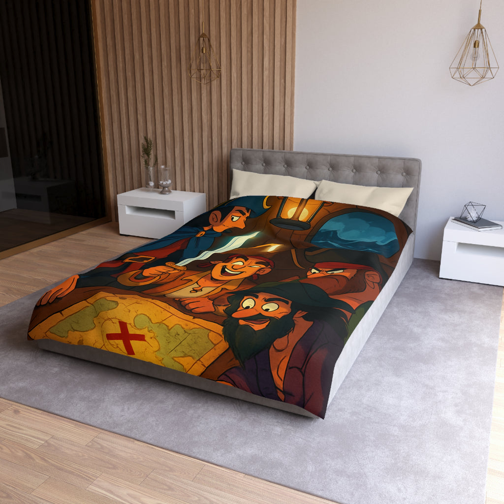 Housse de Couette Pirate Cartoon avec Carte Trésor et Équipage Sous Lampe