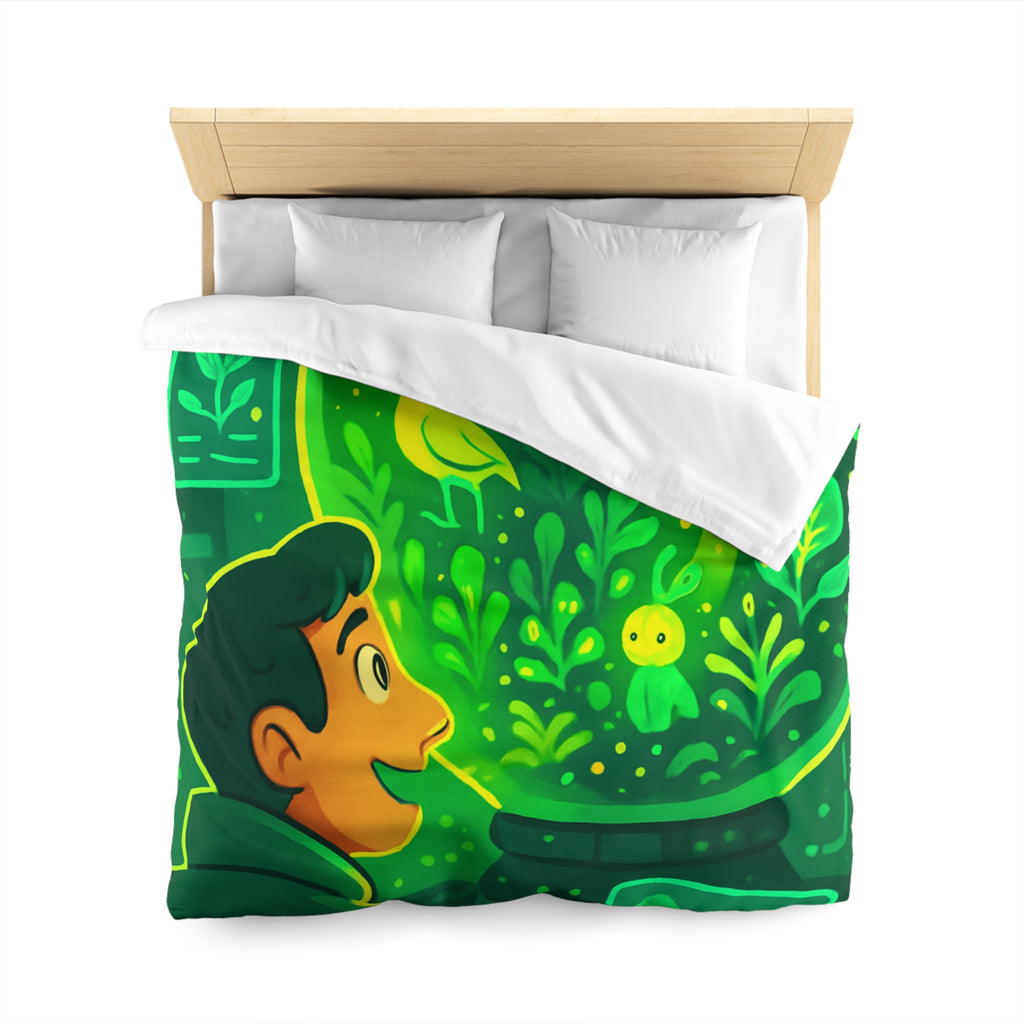 Housse de couette verte forêt magique avec créatures et éléments de laboratoire lumineux