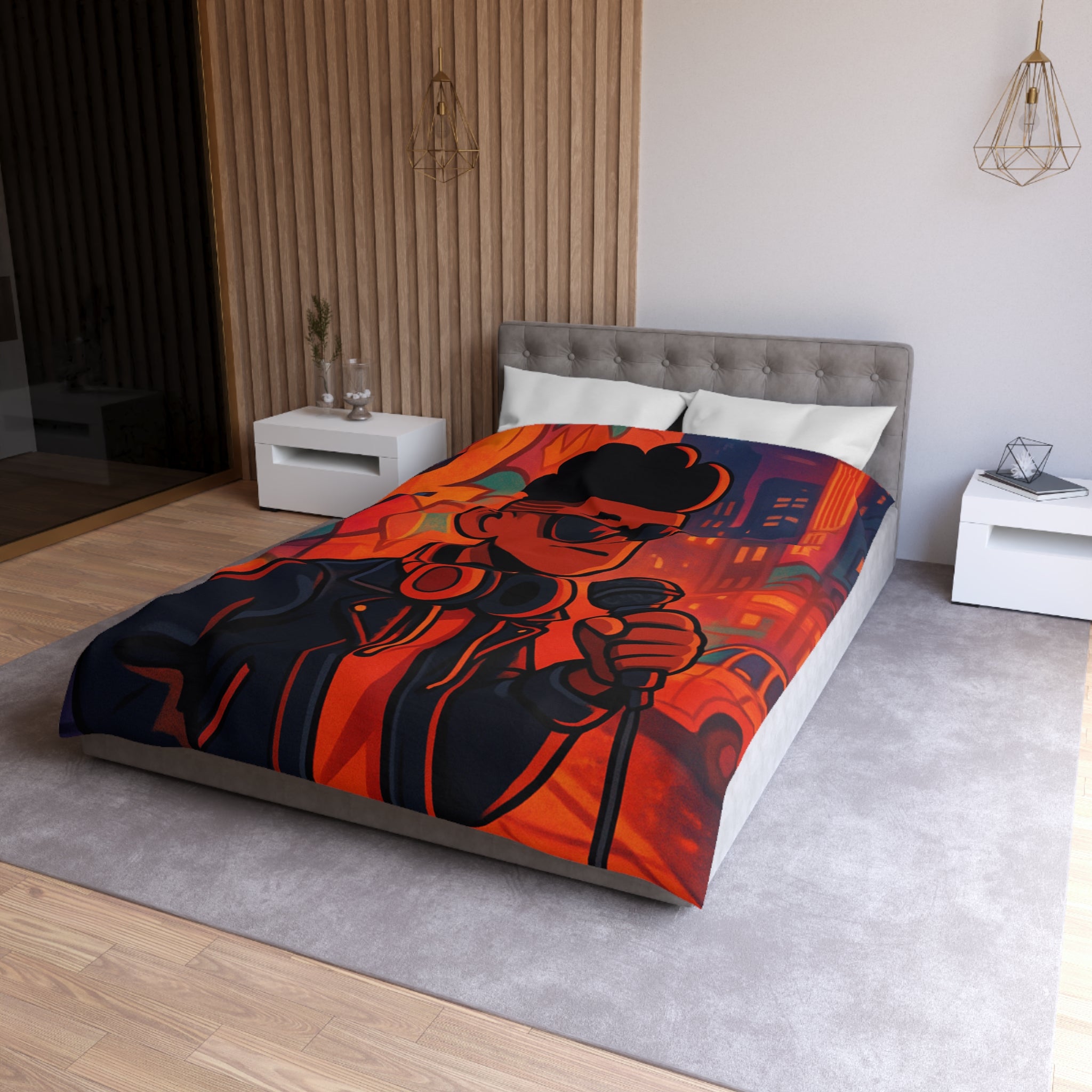 Housse de couette urbaine rétro avec chanteur hip-hop et graphismes vibrants de ville