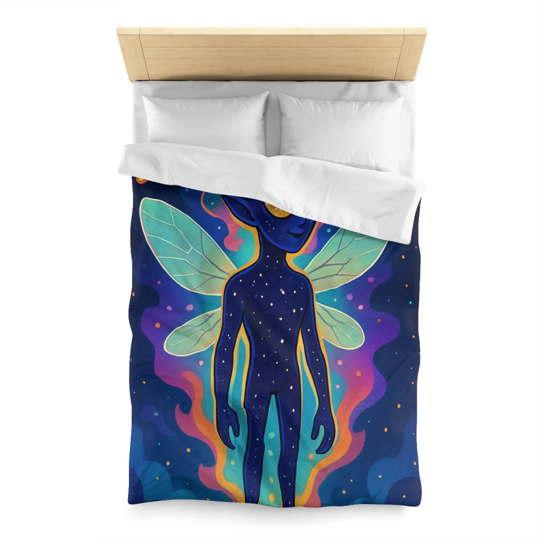 Housse de couette féerique avec créature cosmique et ailes éthérées pour chambre unique