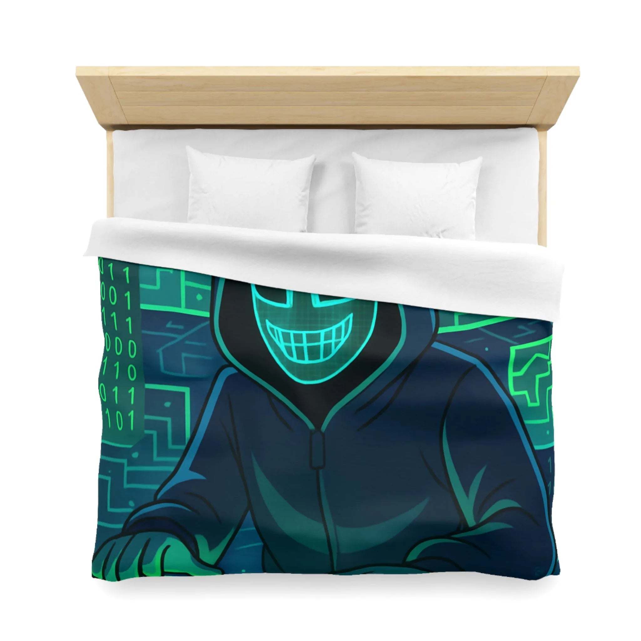 Housse de couette cyberpunk avec motif de hacker masqué et circuit numérique lumineux
