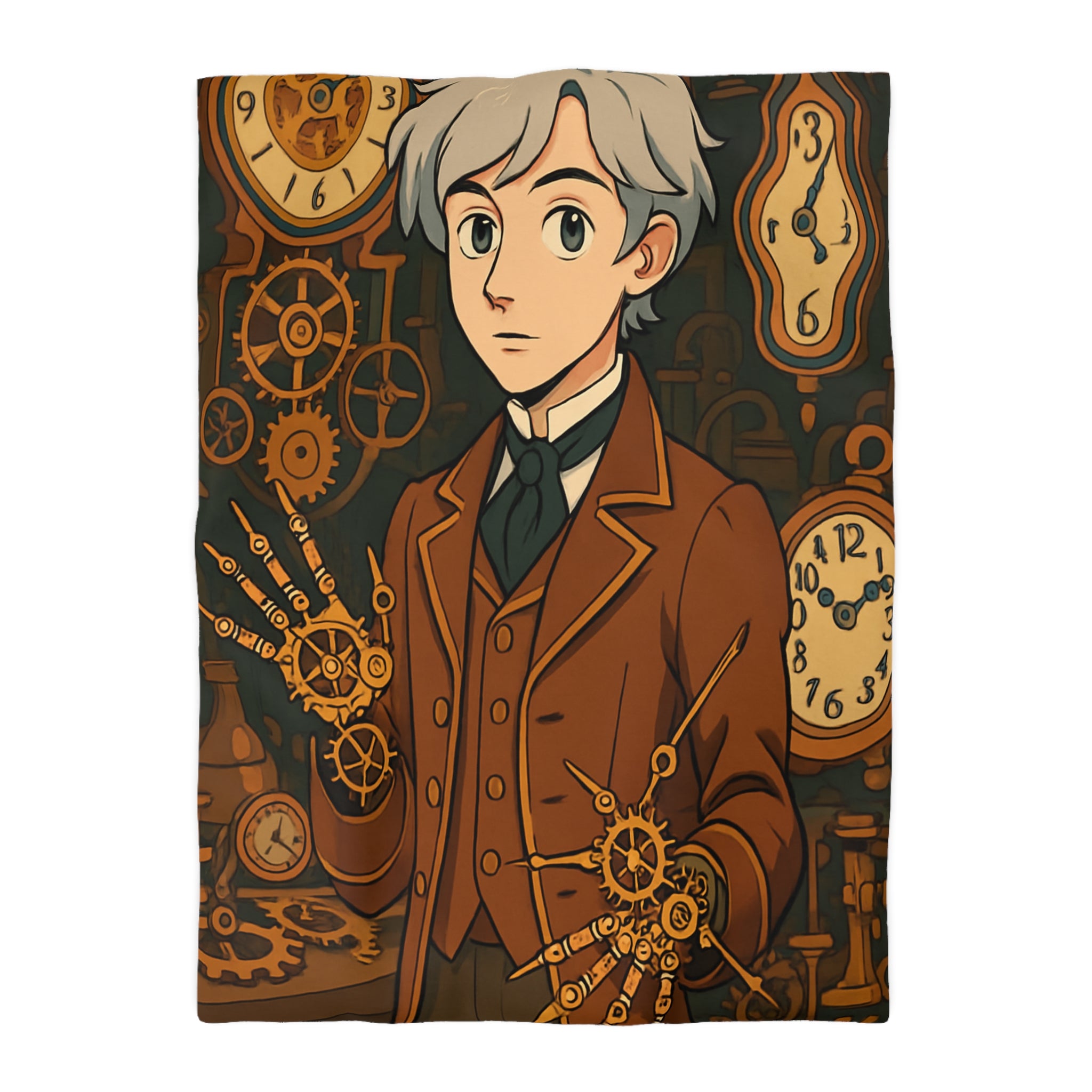 Housse de couette steampunk avec horloges et personnage stylé en tenue victorienne