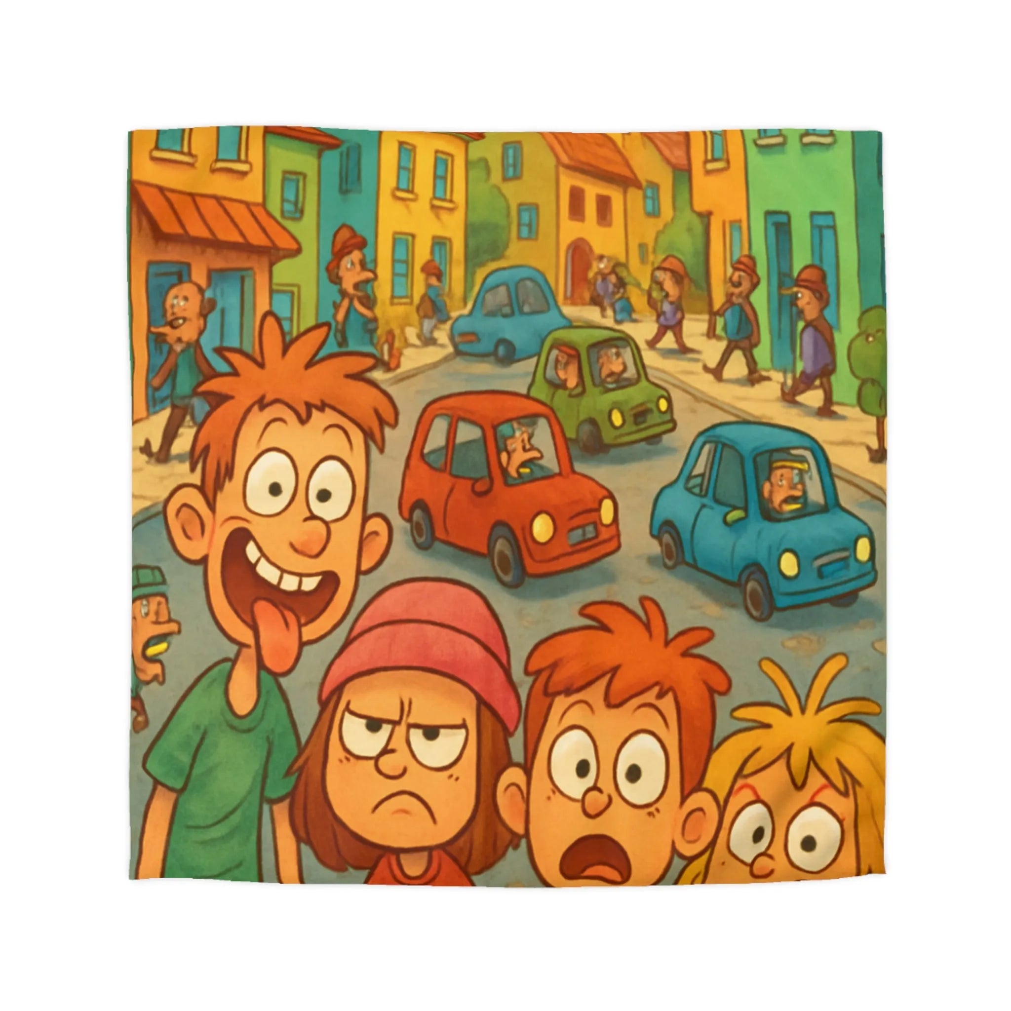 Housse de couette enfants joyeuse ville animée avec personnages colorés et expressions vives