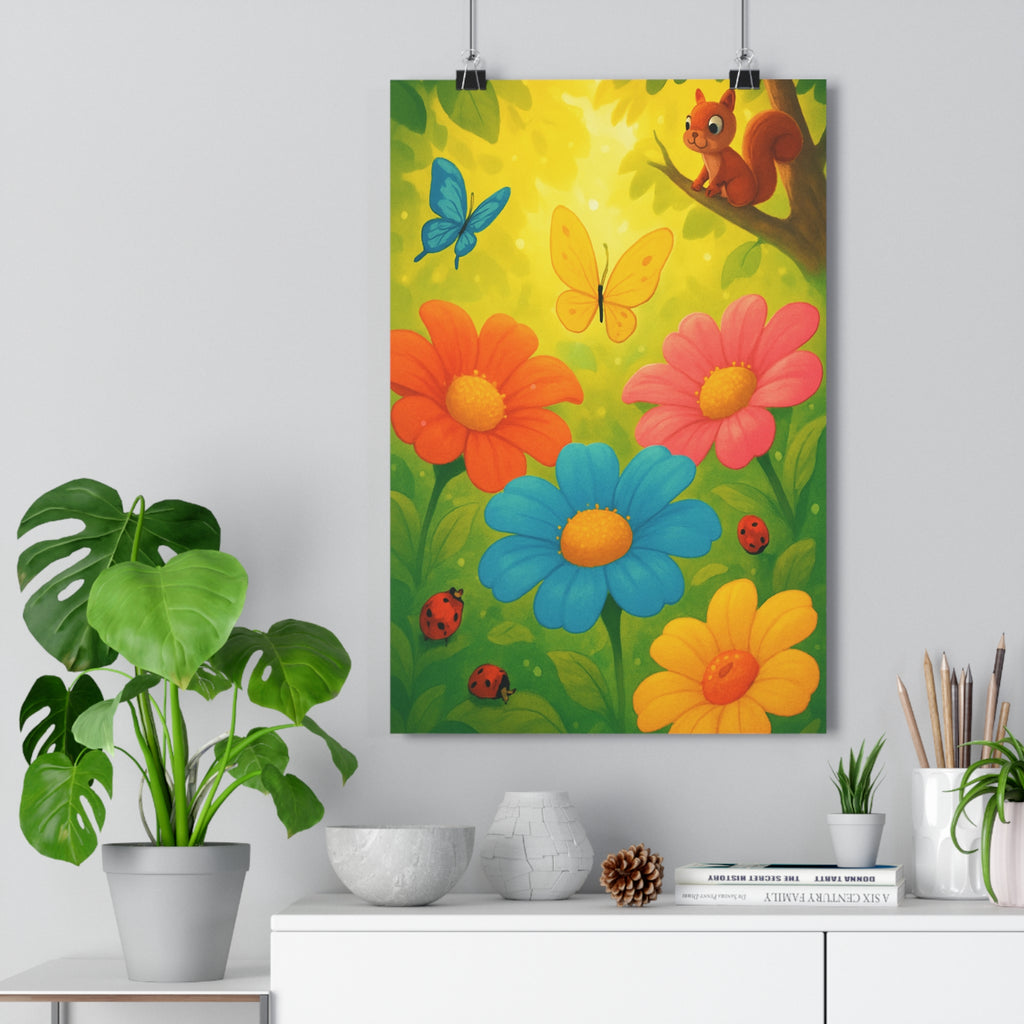 Poster décoratif jardin enchanté cartoon écureuil papillons fleurs pastel vibrant enfant magique chambre qualité