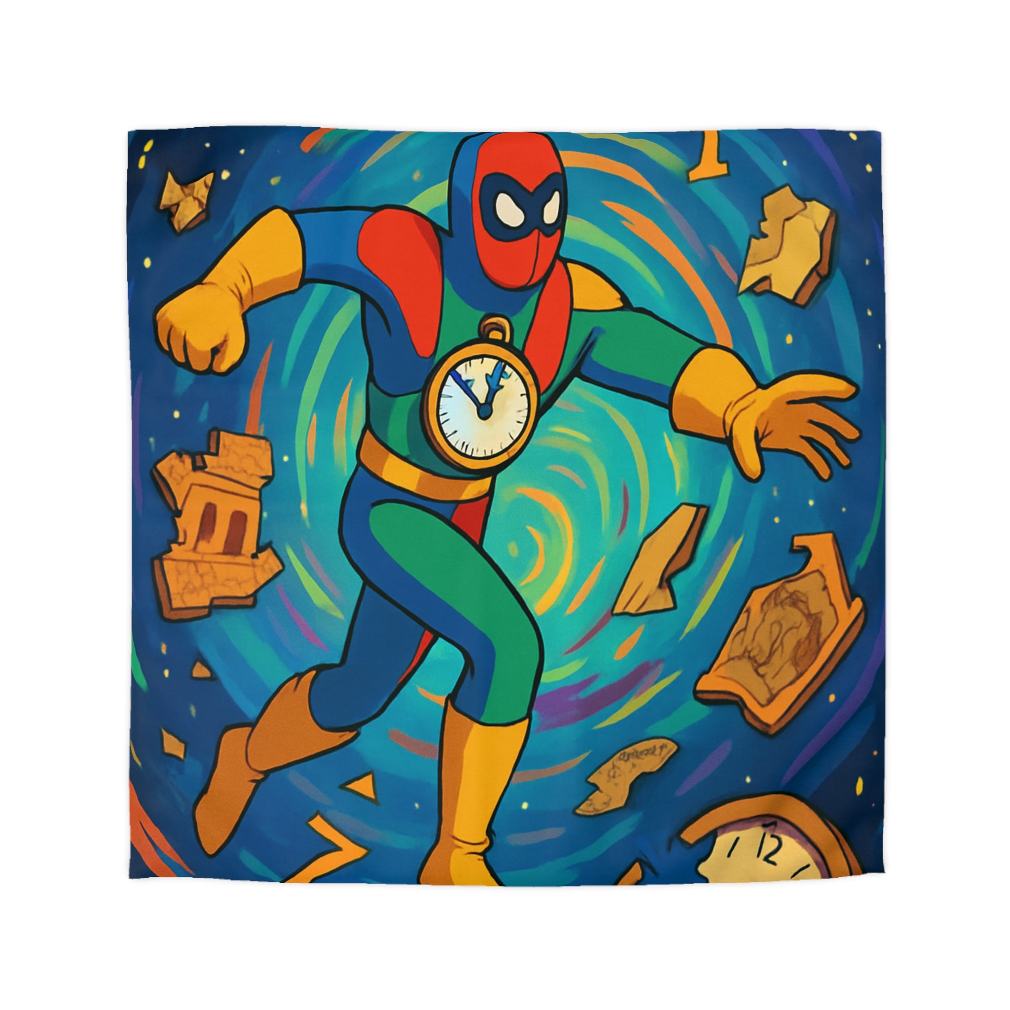 Housse de couette super-héros vibrant voyage temporel horloges flottantes motifs graphiques abstraits colorés