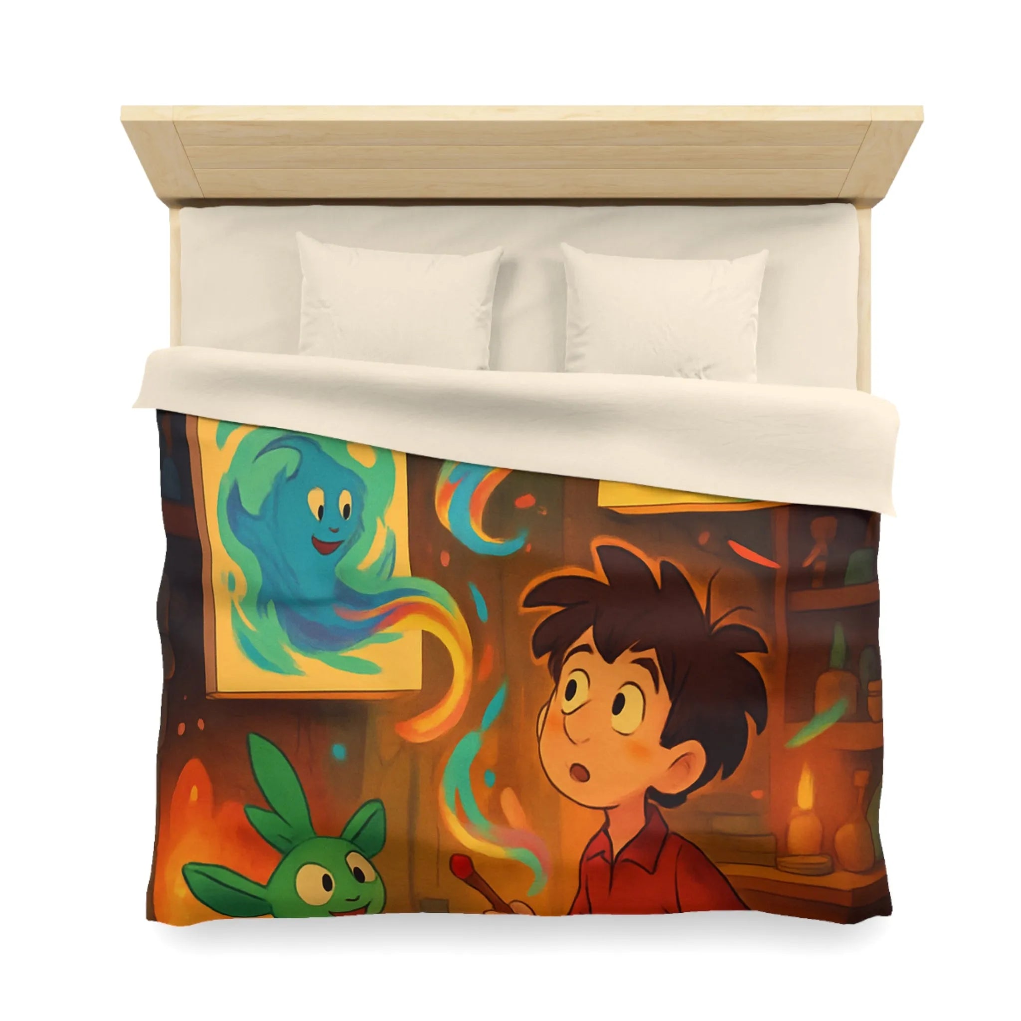 Housse de couette magique illustrant un artiste jeunesse avec créatures fantastiques et peintures lumineuses