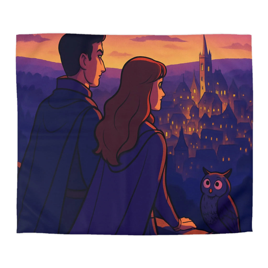 Housse de couette magique au crépuscule avec paysage envoûtant et personnages mystérieux