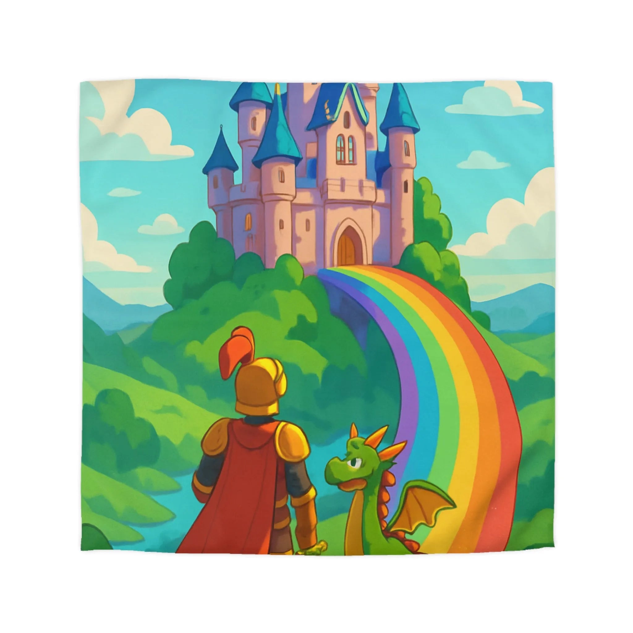 Housse de couette féérique avec chevalier, dragon et château sur arc-en-ciel magique