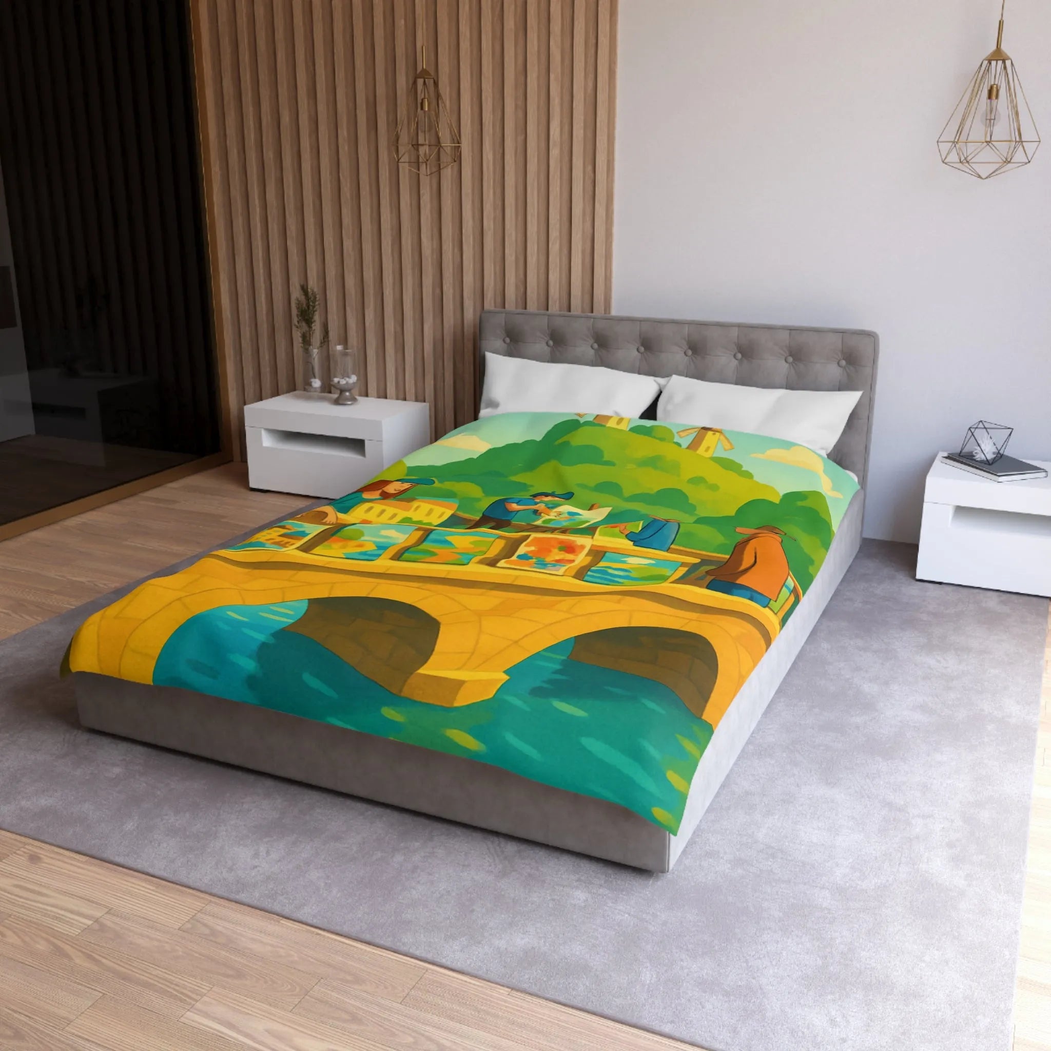 Housse de couette colorée thème pont artistique avec moulins à vent et paysage