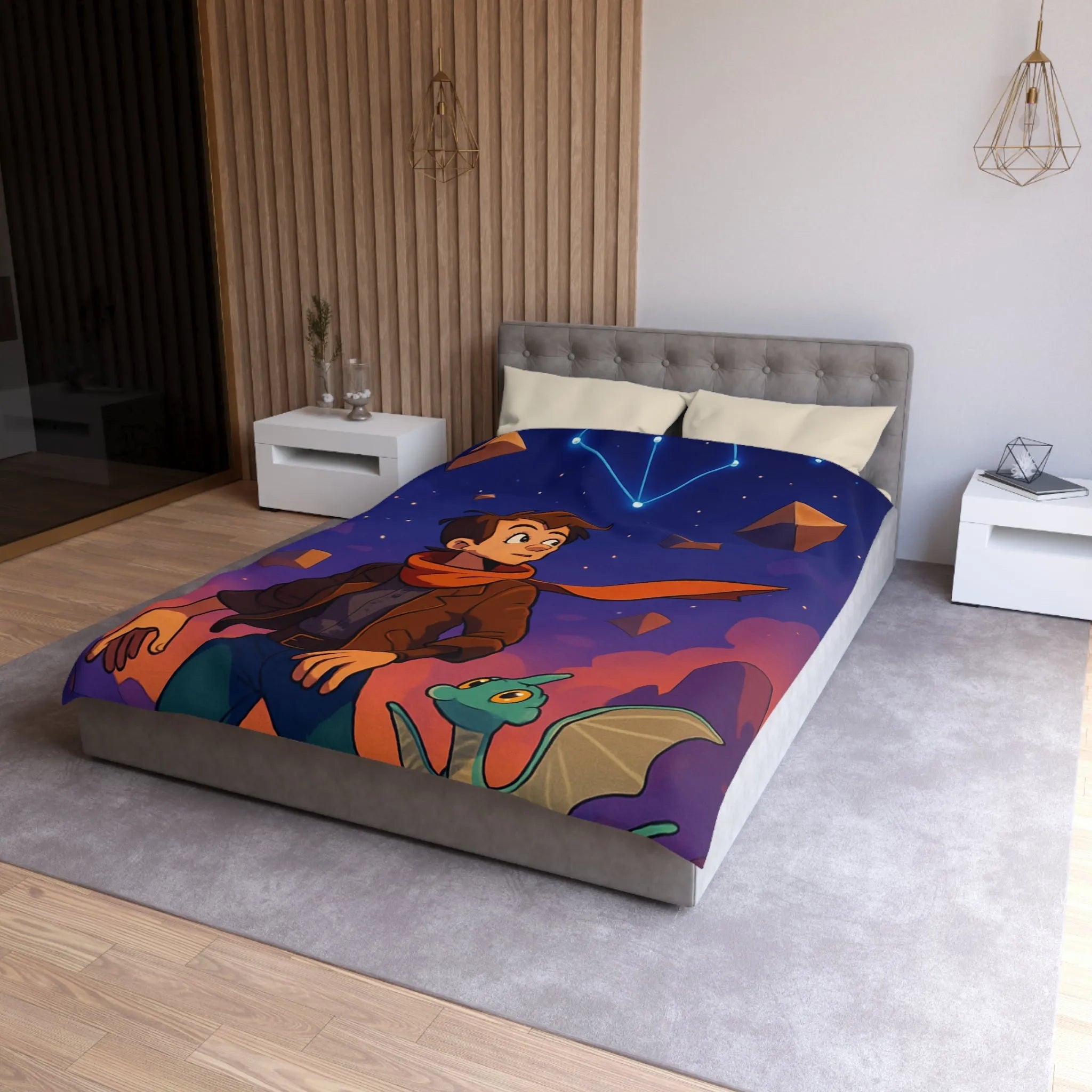 Housse de couette aventure nuit étoilée avec enfant et dragon mignon