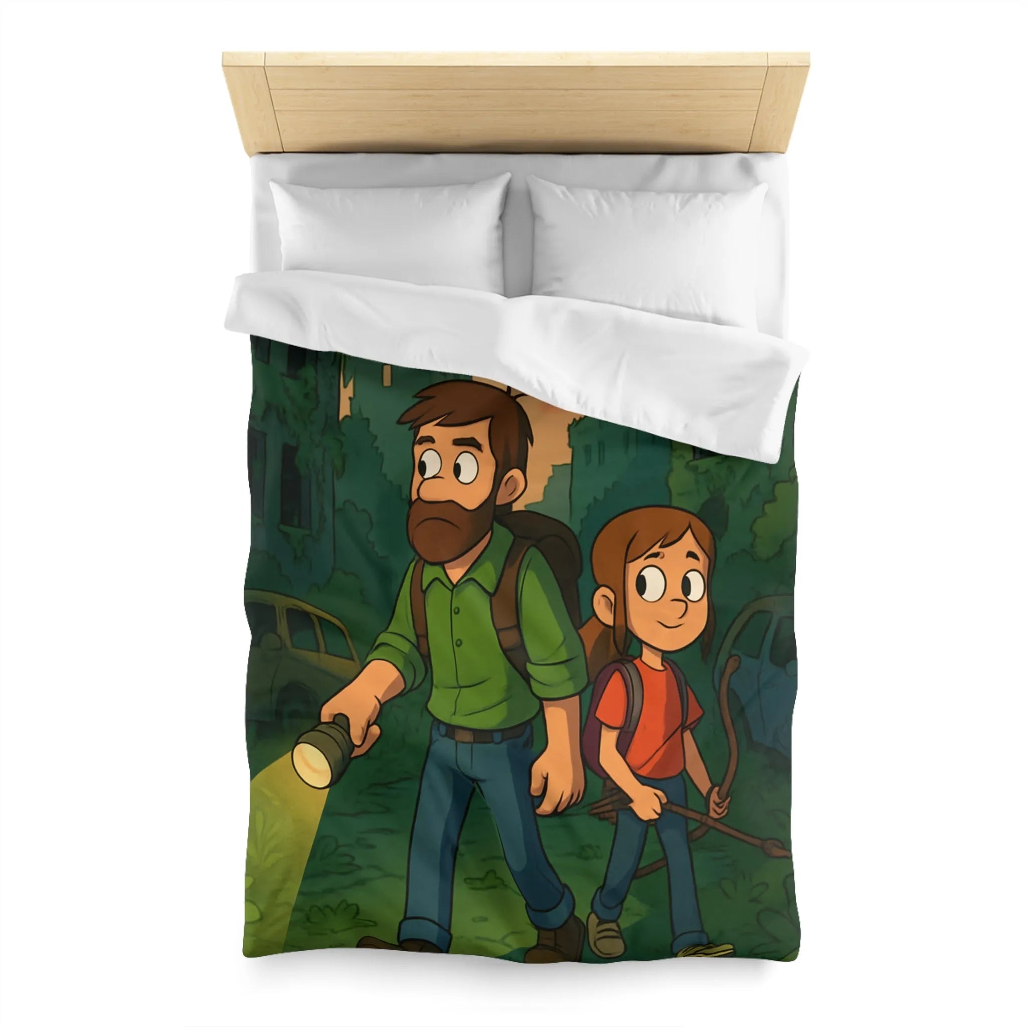 Housse de couette aventure urbaine avec personnages explorant une ville abandonnée la nuit