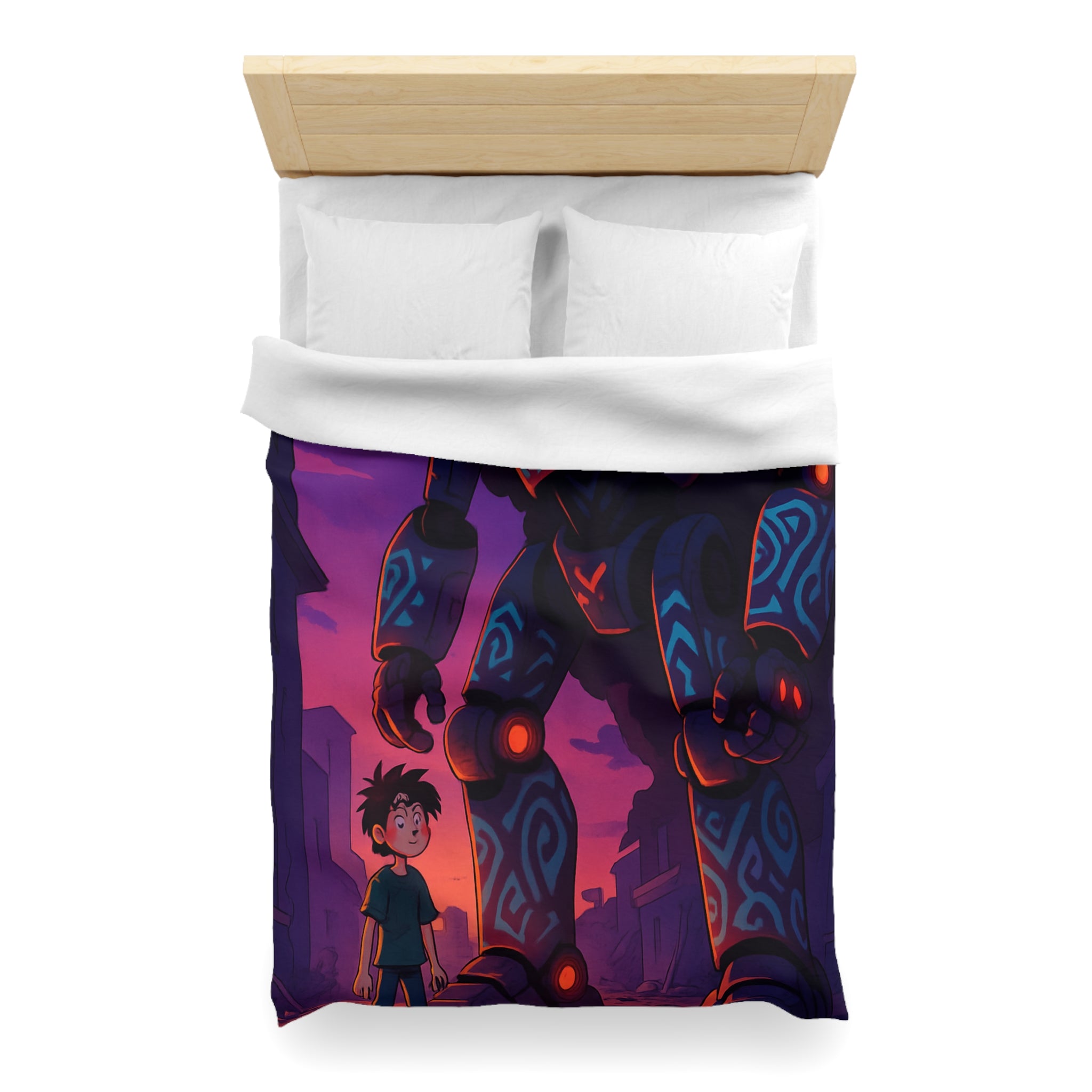 Housse de couette robot géant bleu lumineux, décor urbain vibrant et enfant émerveillé