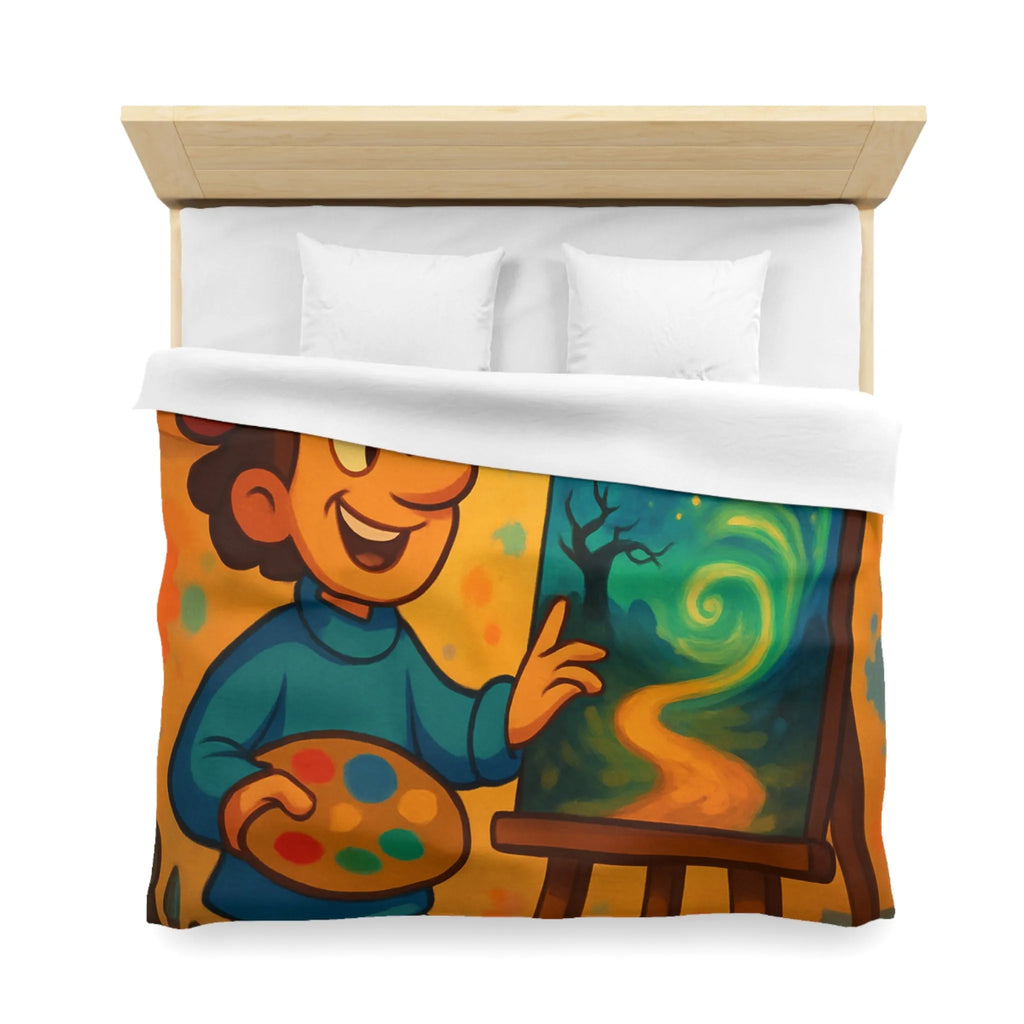 Housse de Couette Colorée avec Peintre Joyeux et Peinture Tourbillonnante Étoilée et Mystique