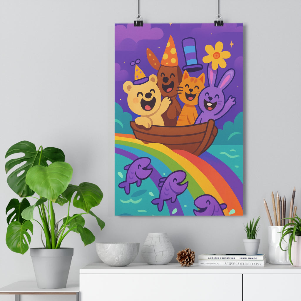 Poster décoratif joyeux coloré animaux cartoon chambre enfant arcenciel fantaisie vibrant unique qualité qualité