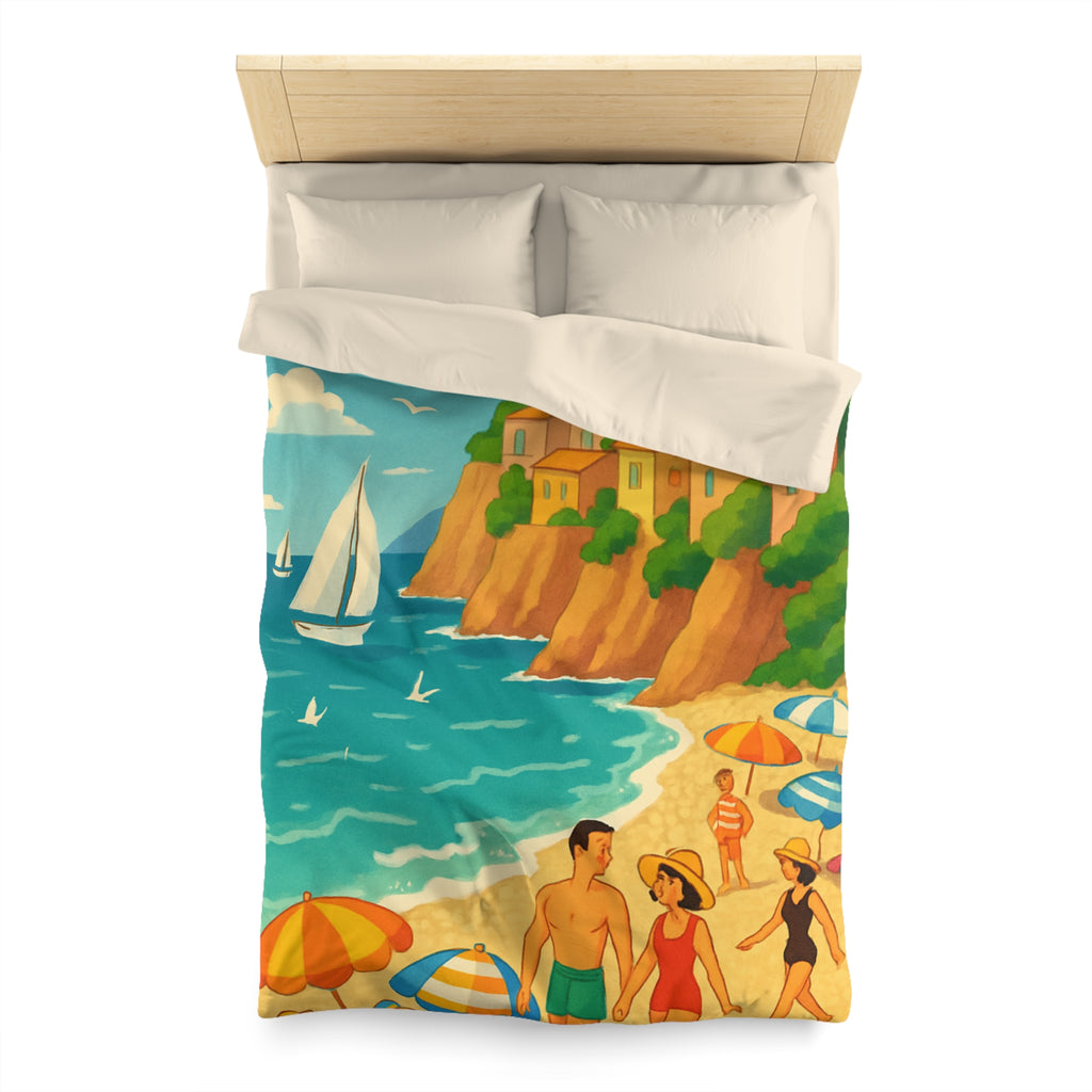 Housse de couette plage méditerranéenne avec paysages colorés et vacanciers ensoleillés